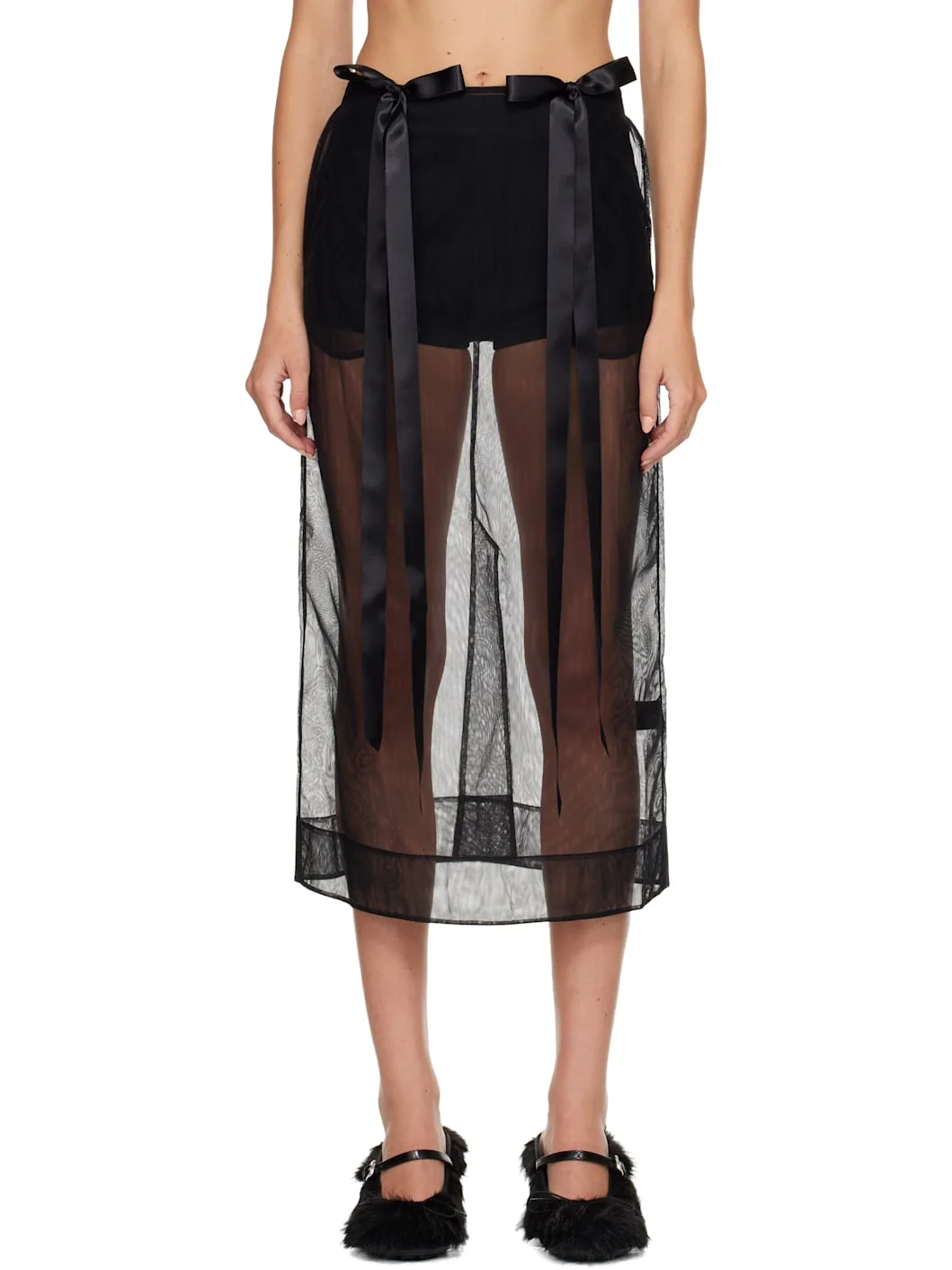 Black Sheer Bow Ribbon Pencil Midi Skirt - 1