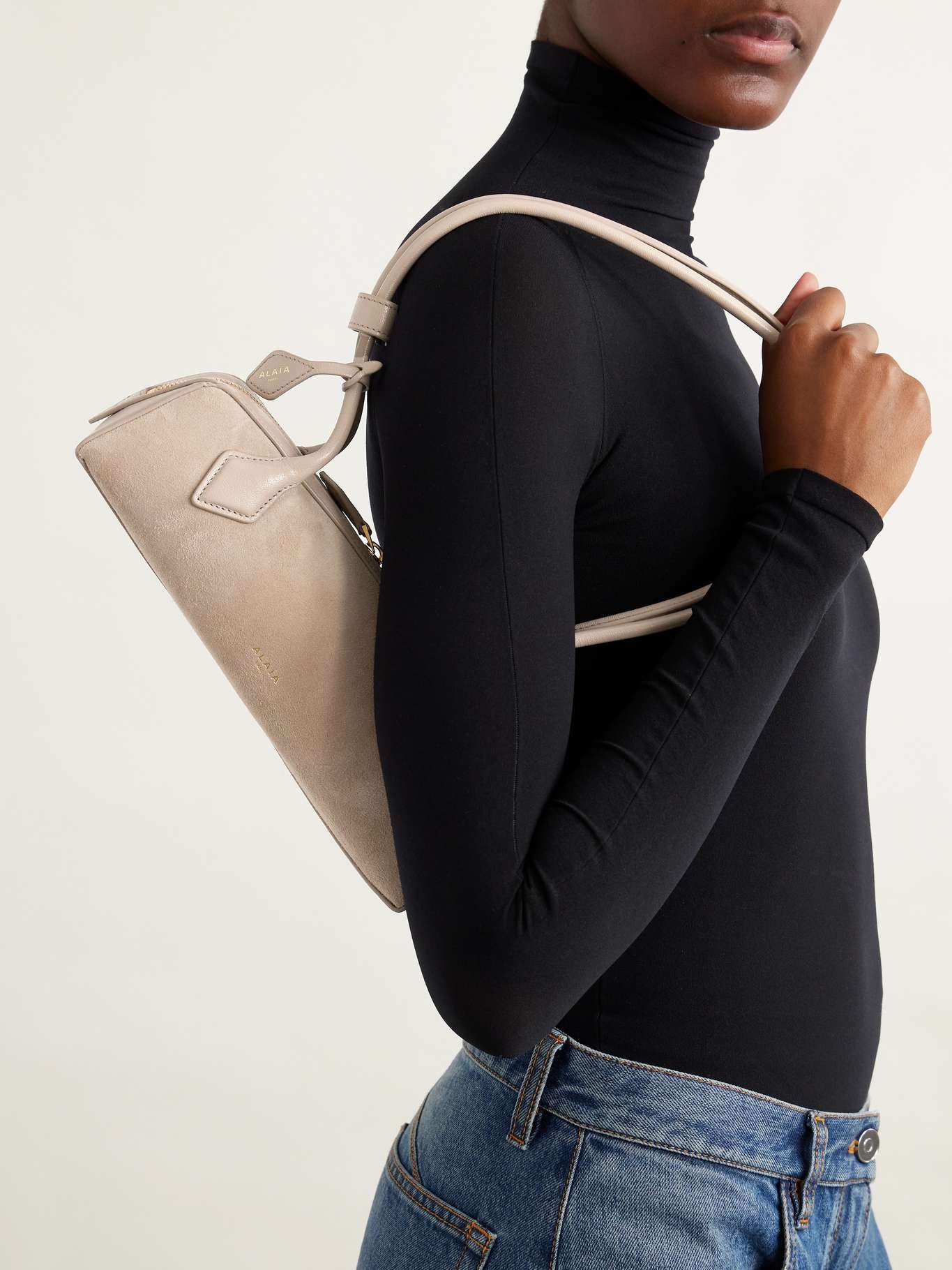 Le Teckel small leather-trimmed suede shoulder bag Beige - 2
