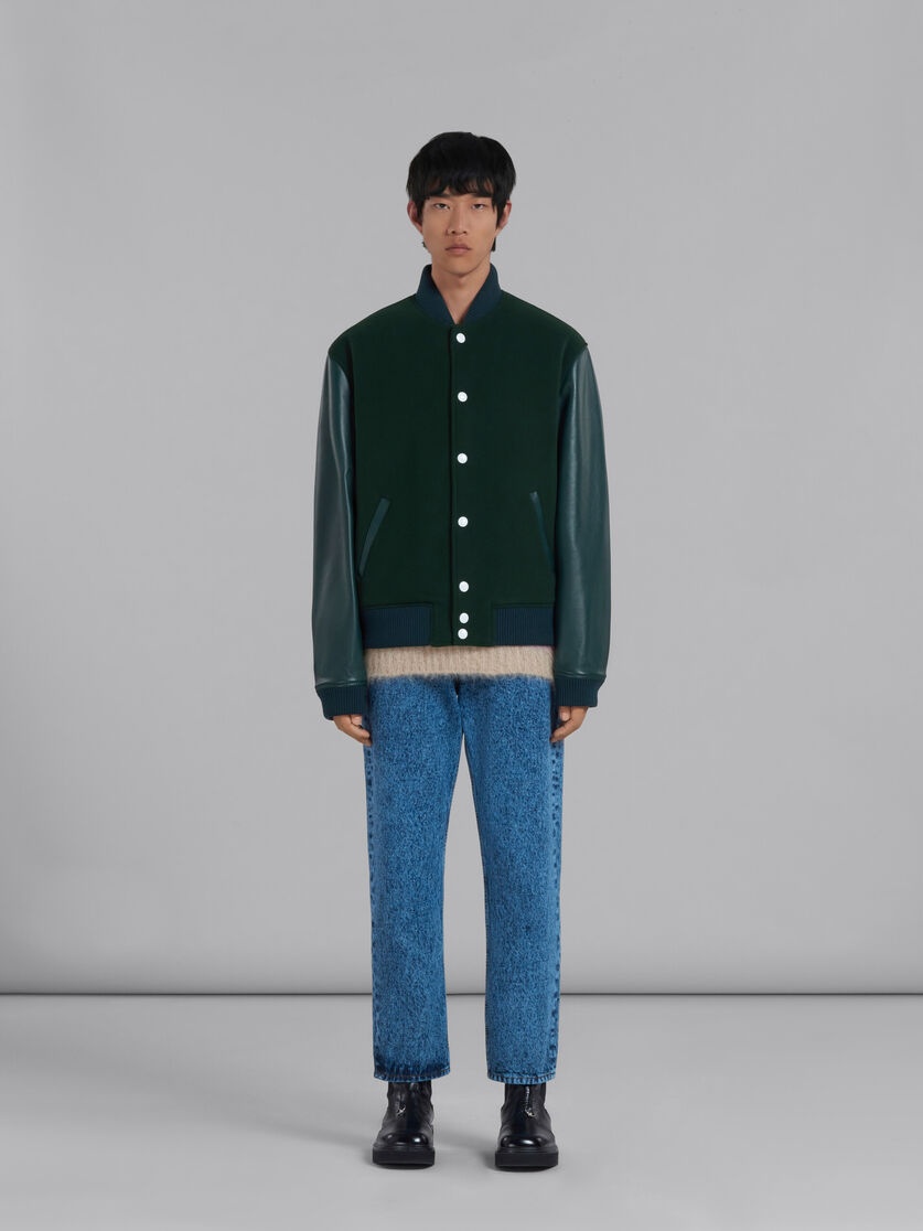 GREEN WOOL FELT BOMBER WITH LEATHER SLEEVES - 2
