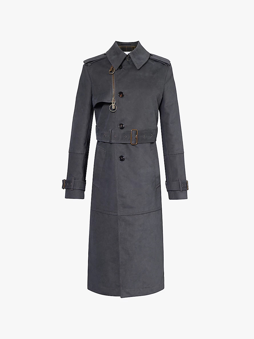 Belted-waist check-lined suede trench coat - 1