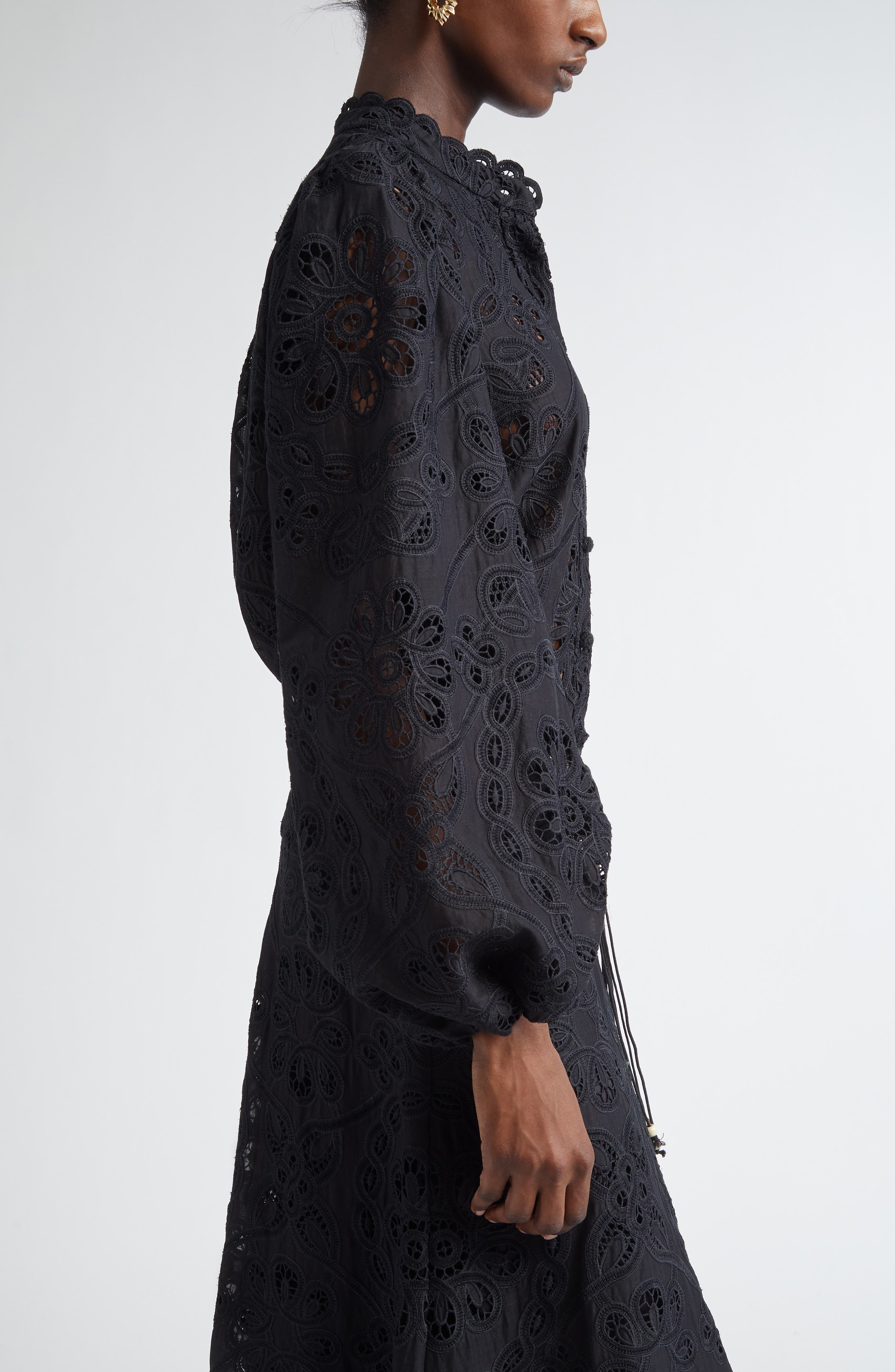 Zimmermann Rhiannon Guipure Lace Trim Cotton Shirt in Black at Nordstrom - 4