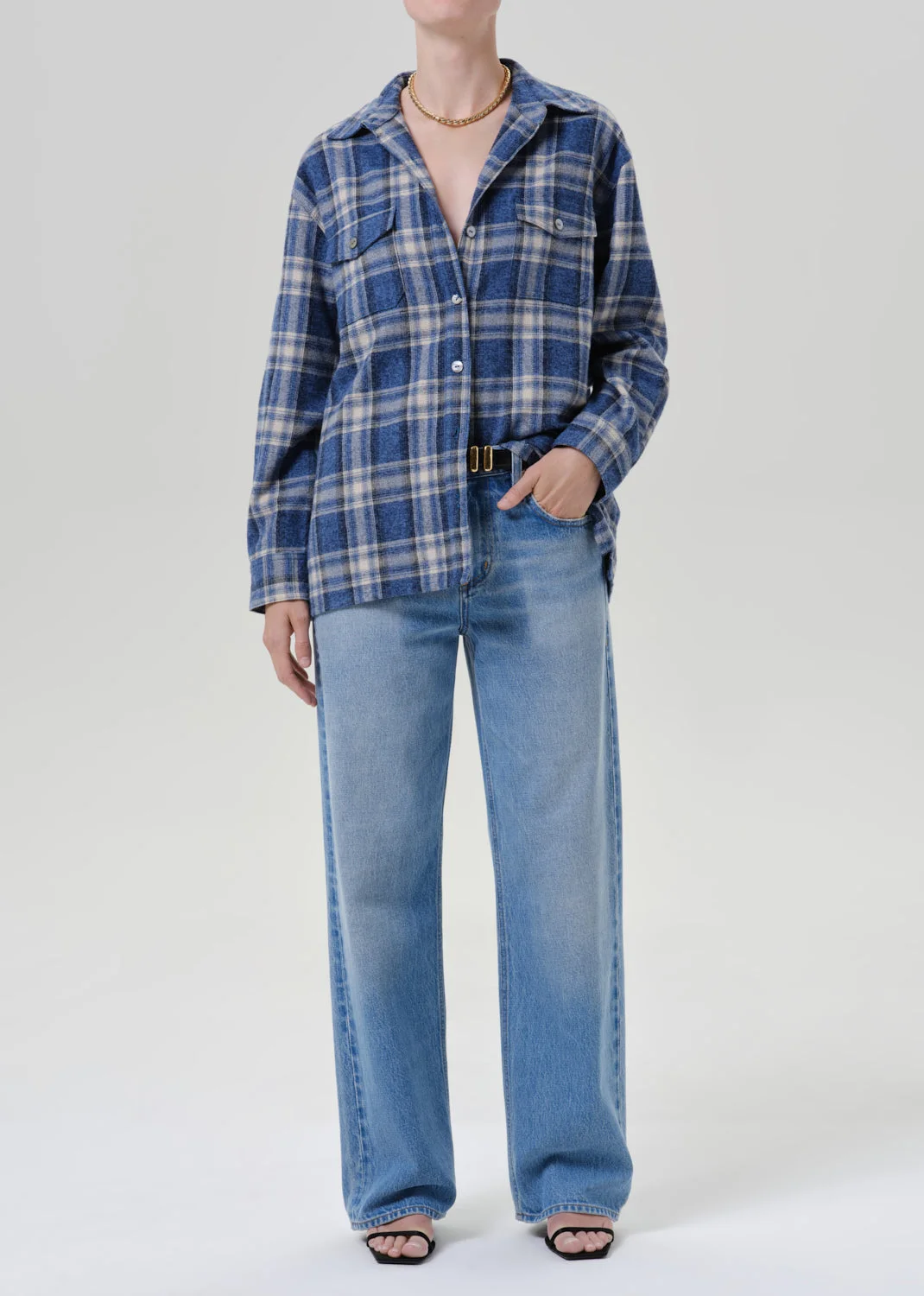 Vintage Long Button Up Shirt In Marina Plaid - 1