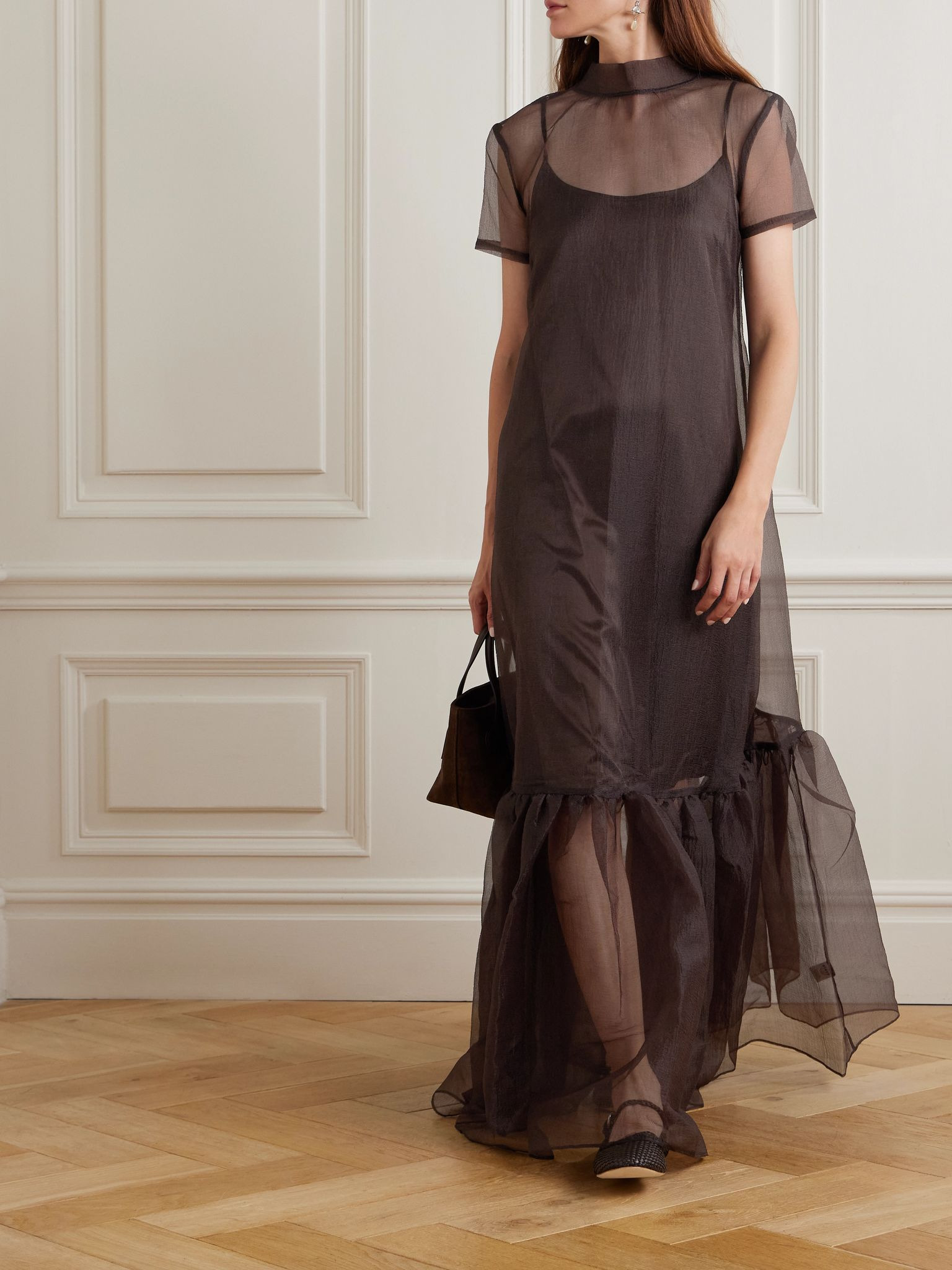 Calluna tie-neck tiered organza maxi dress Brown - 2
