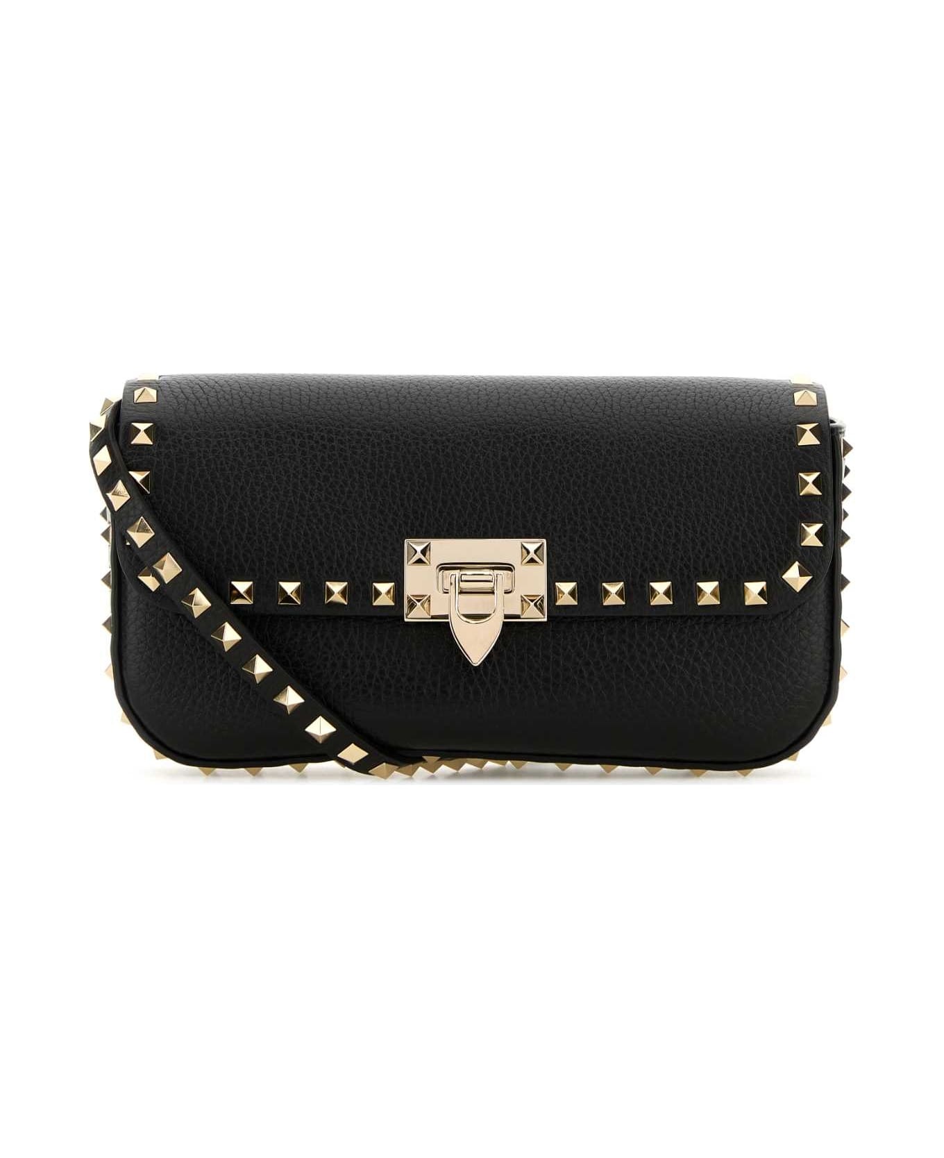 Black Leather Rockstud Crossbody Bag - 1