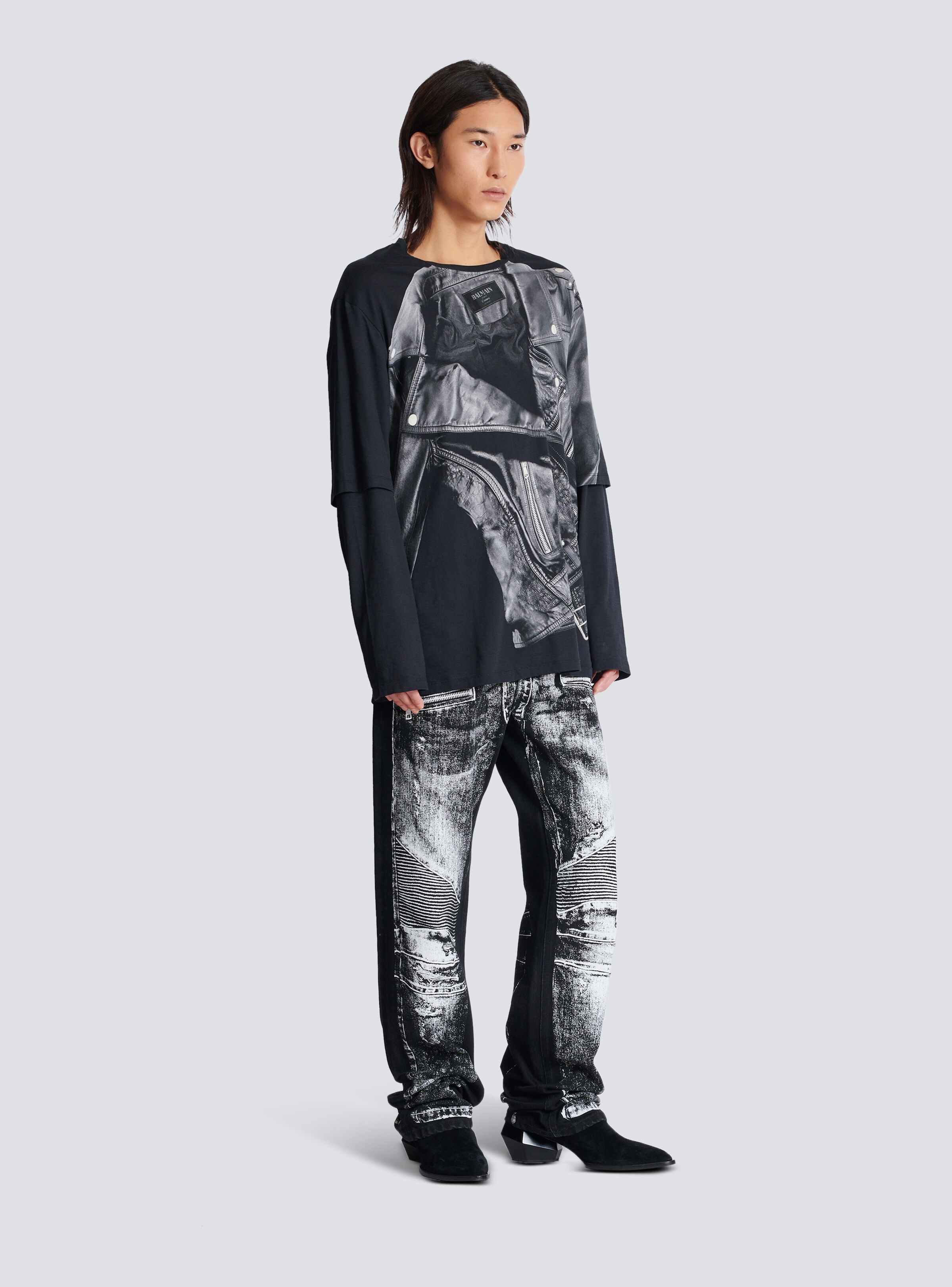 Long-sleeved T-shirt with biker jacket print - 3