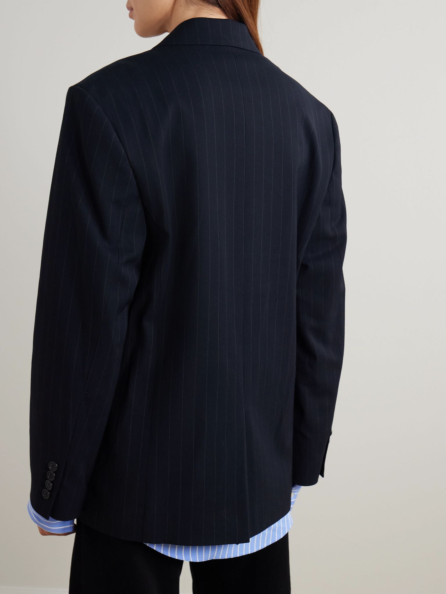 Layered striped twill blazer Navy - 4