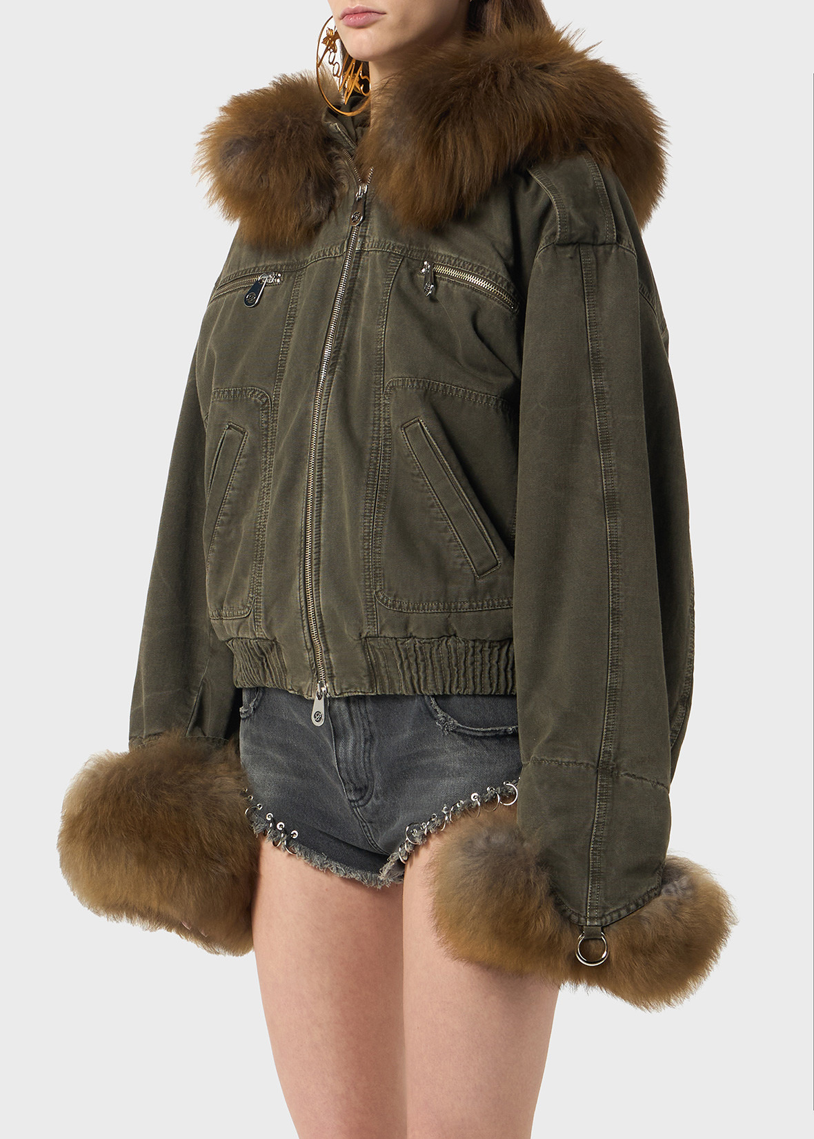 CANVAS BOMBER JACKET WITH FAUX FUR - 5