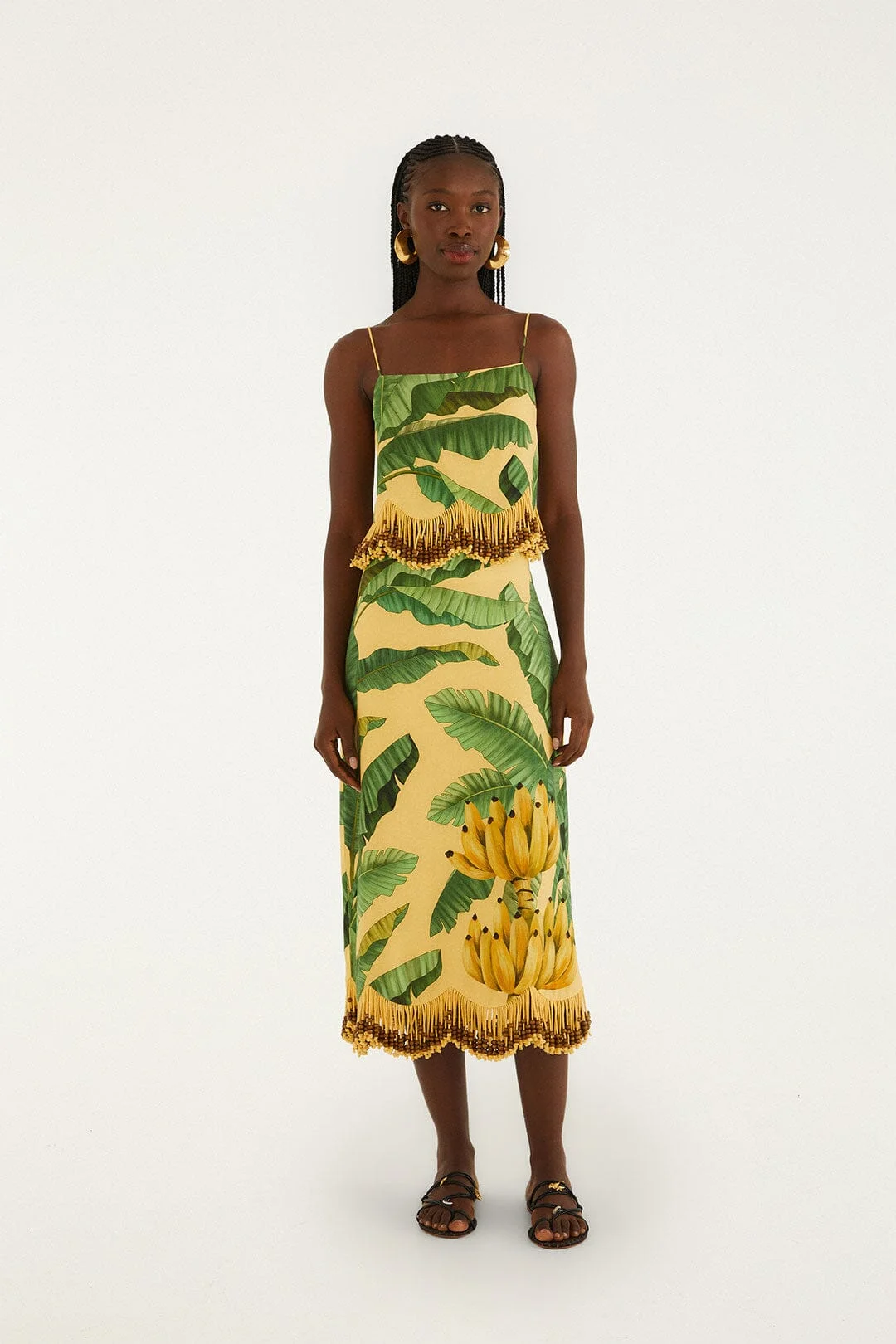 Yellow Fruit Leaves Banana Beaded Fringes Maxi Skirt - 1