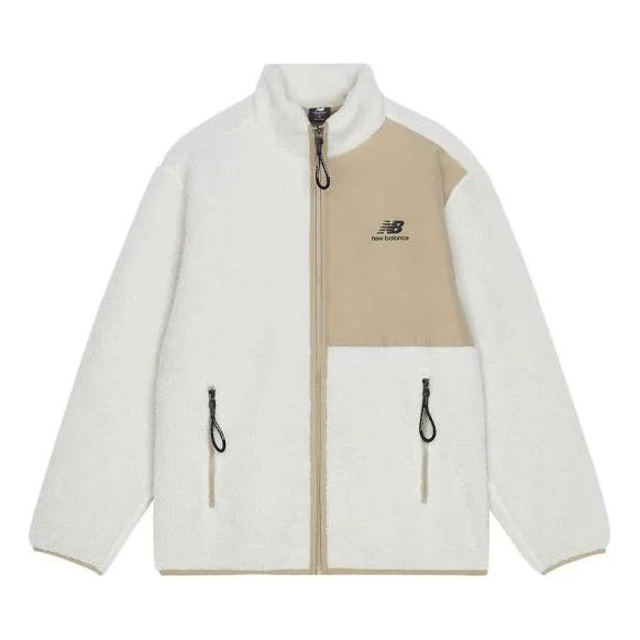 New Balance Contrasting Colors Knit Suede Sports Stand Collar Logo Lamb's Wool Jacket Autumn Creamy - 1