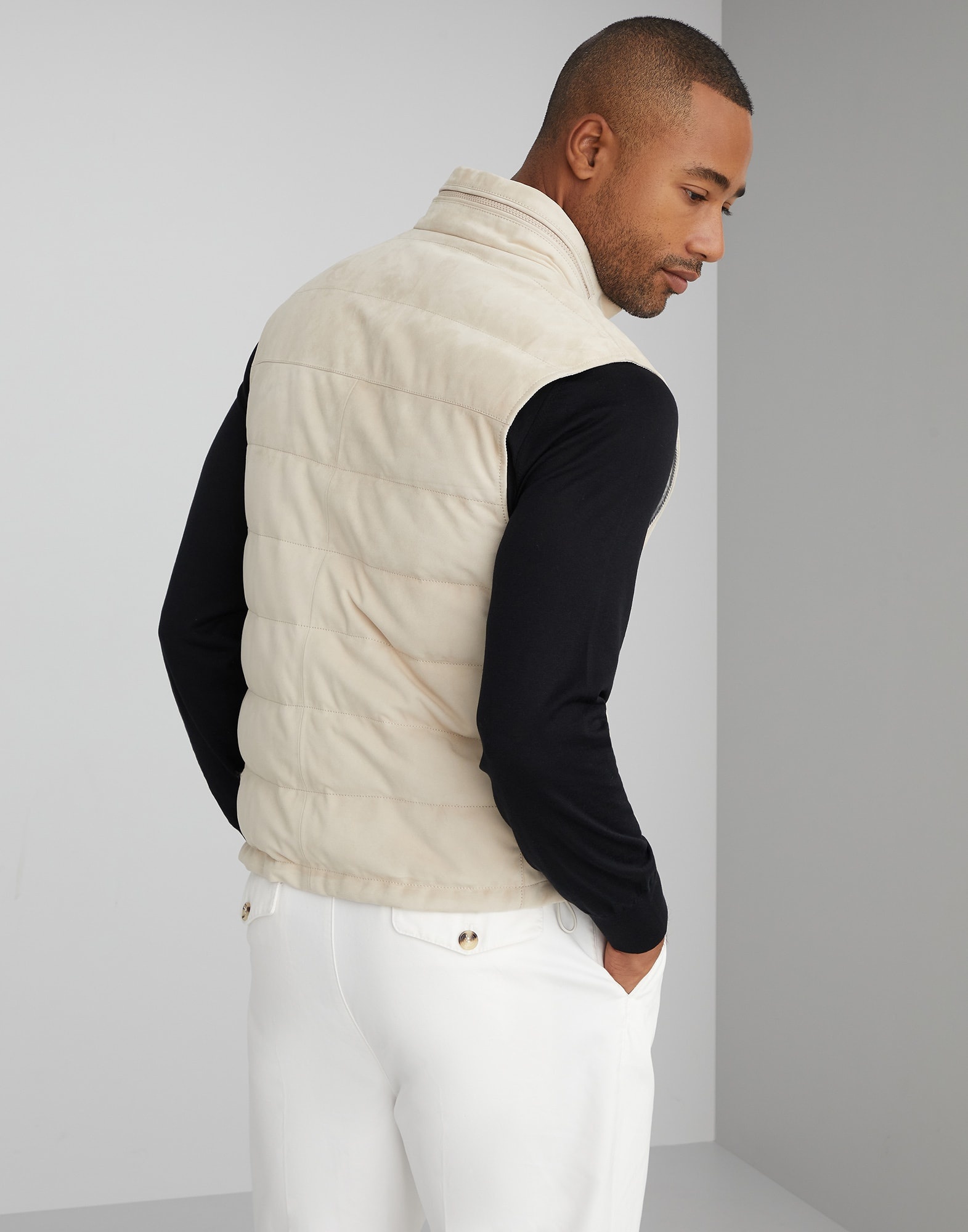 Suede down vest with packable hood - 2