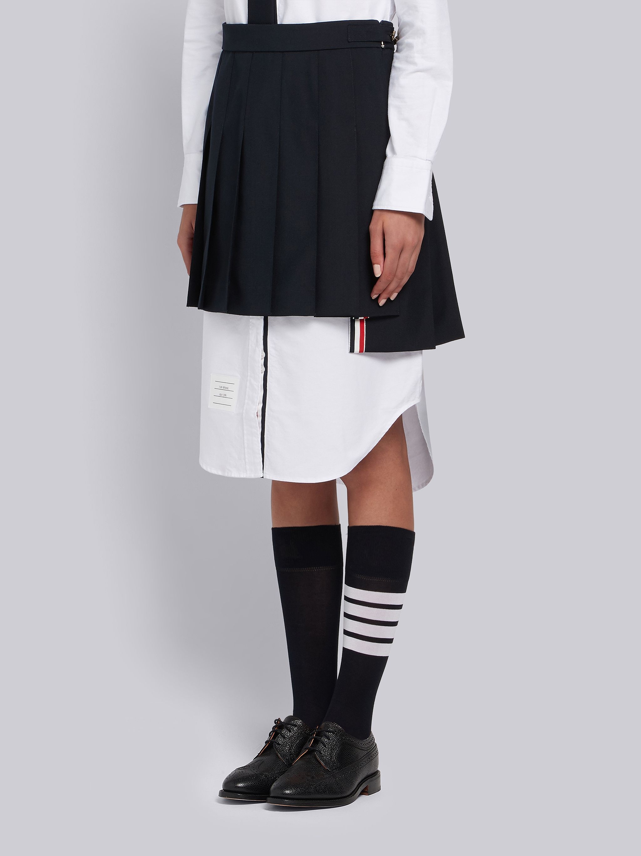 Navy School Uniform Plain Weave Grosgrain Stripe Dropped Back Pleated Mini Skirt - 2