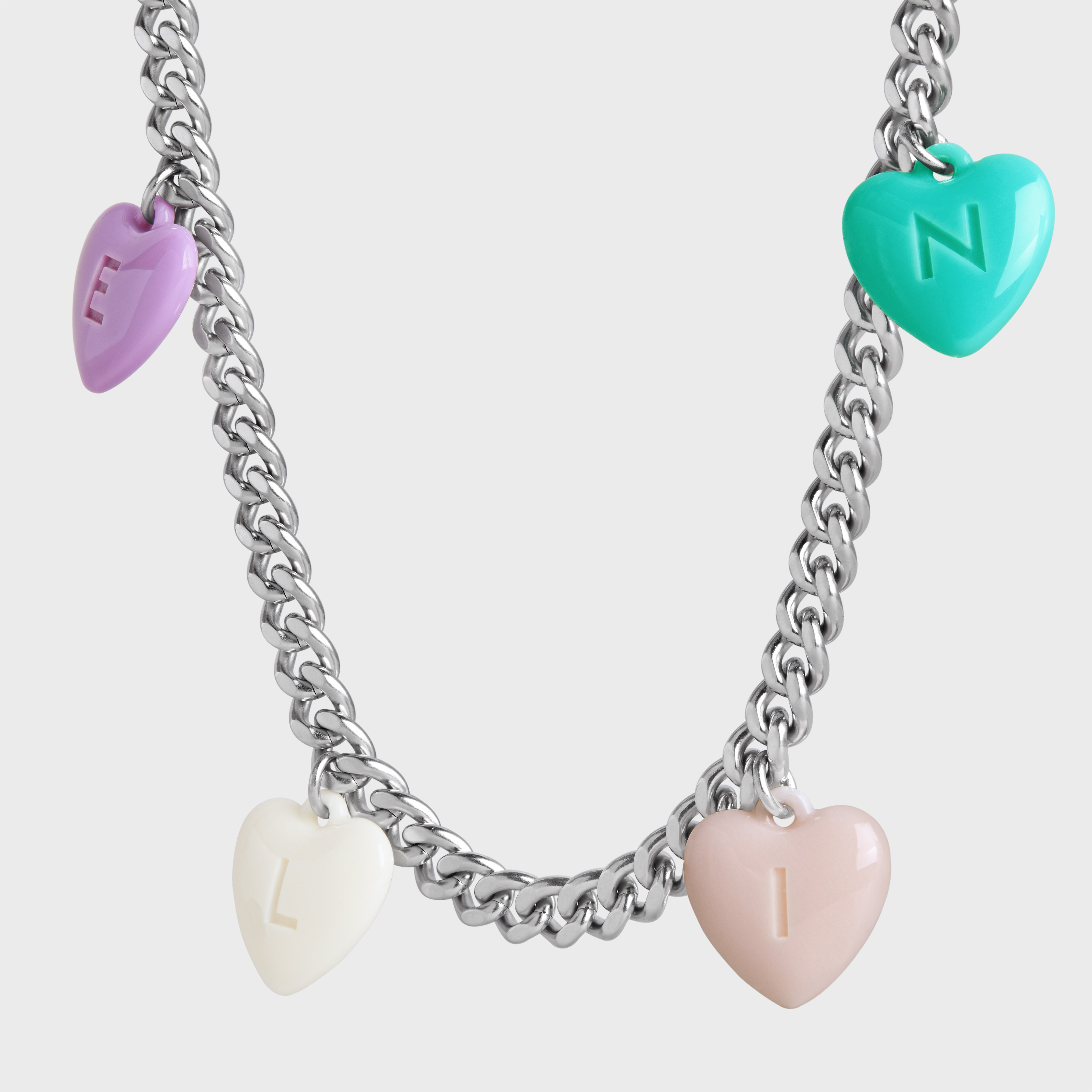 Celine Hearts Necklace in Plexiglass and Brass with Rhodium Finish 2