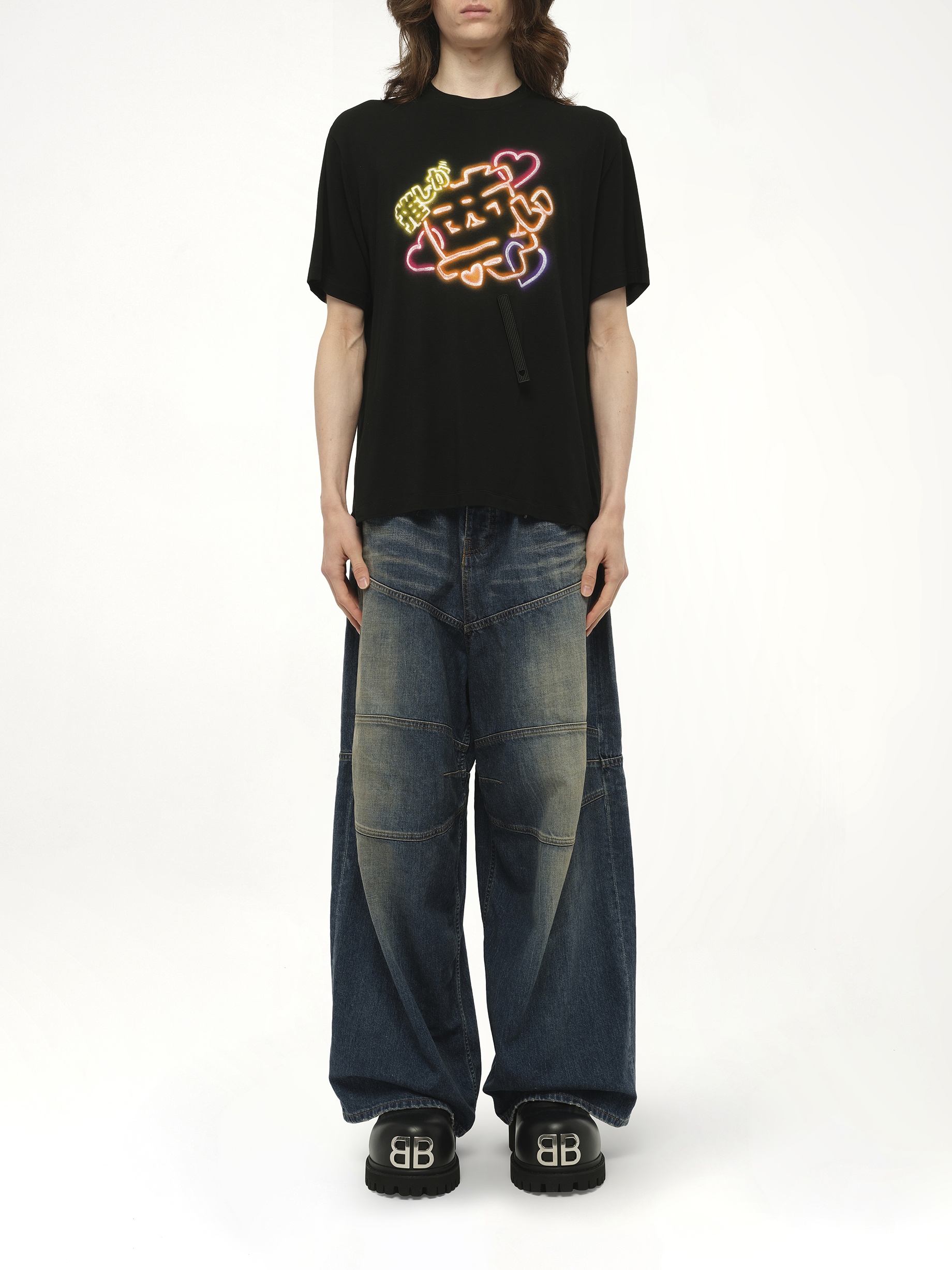 Big Japanese Neon Paint Fan Service T-Shirt in Black - 7