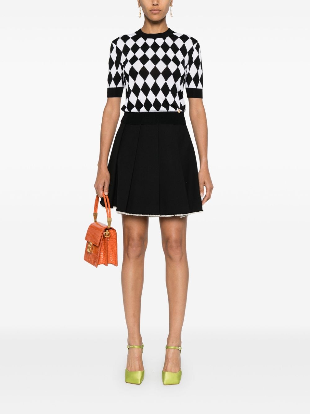 Balmain Diamond Jacquard Short Sleeve Sweater in Black/White