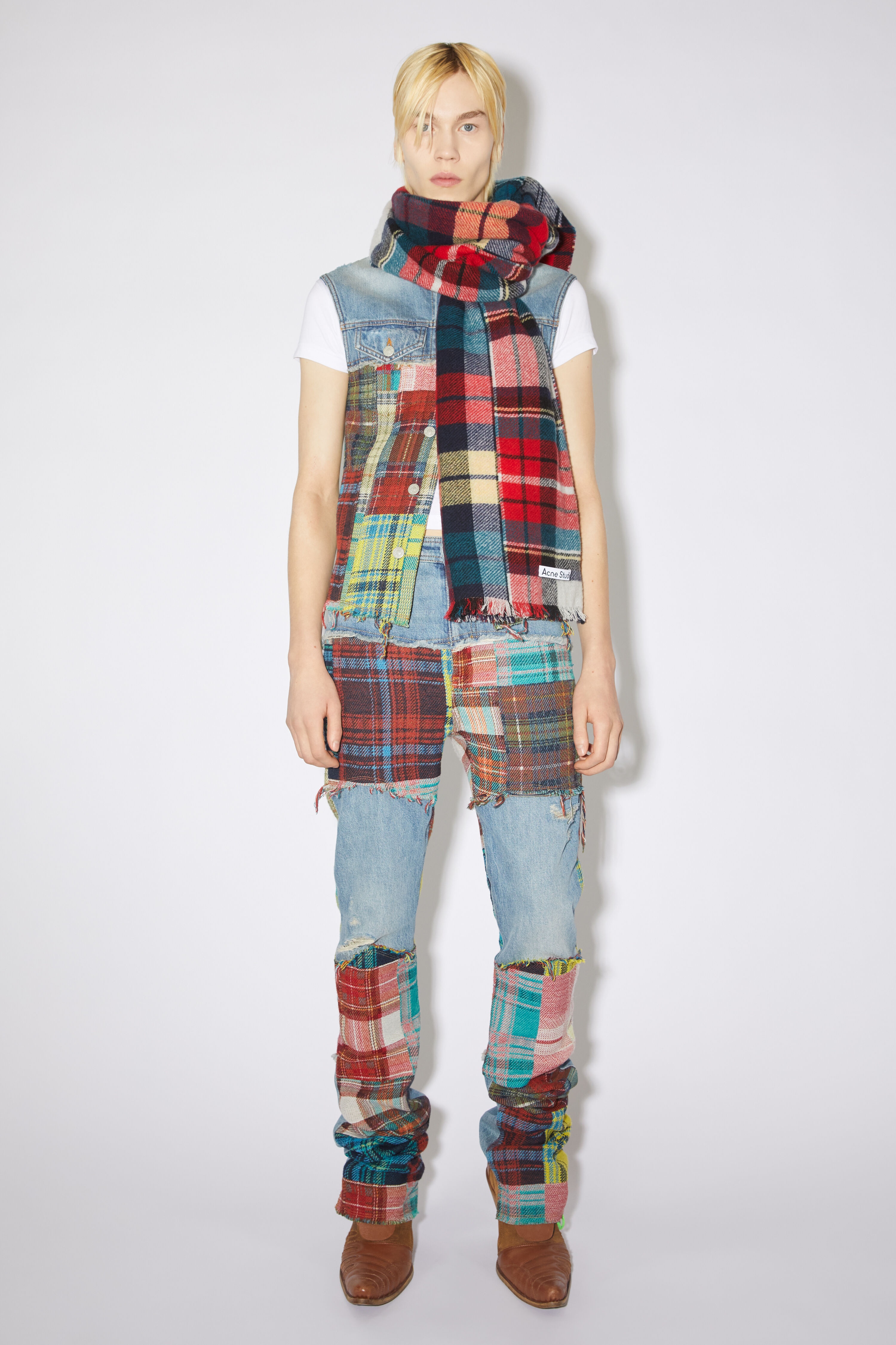 Mixed check wool scarf - Red/blue/white - 3
