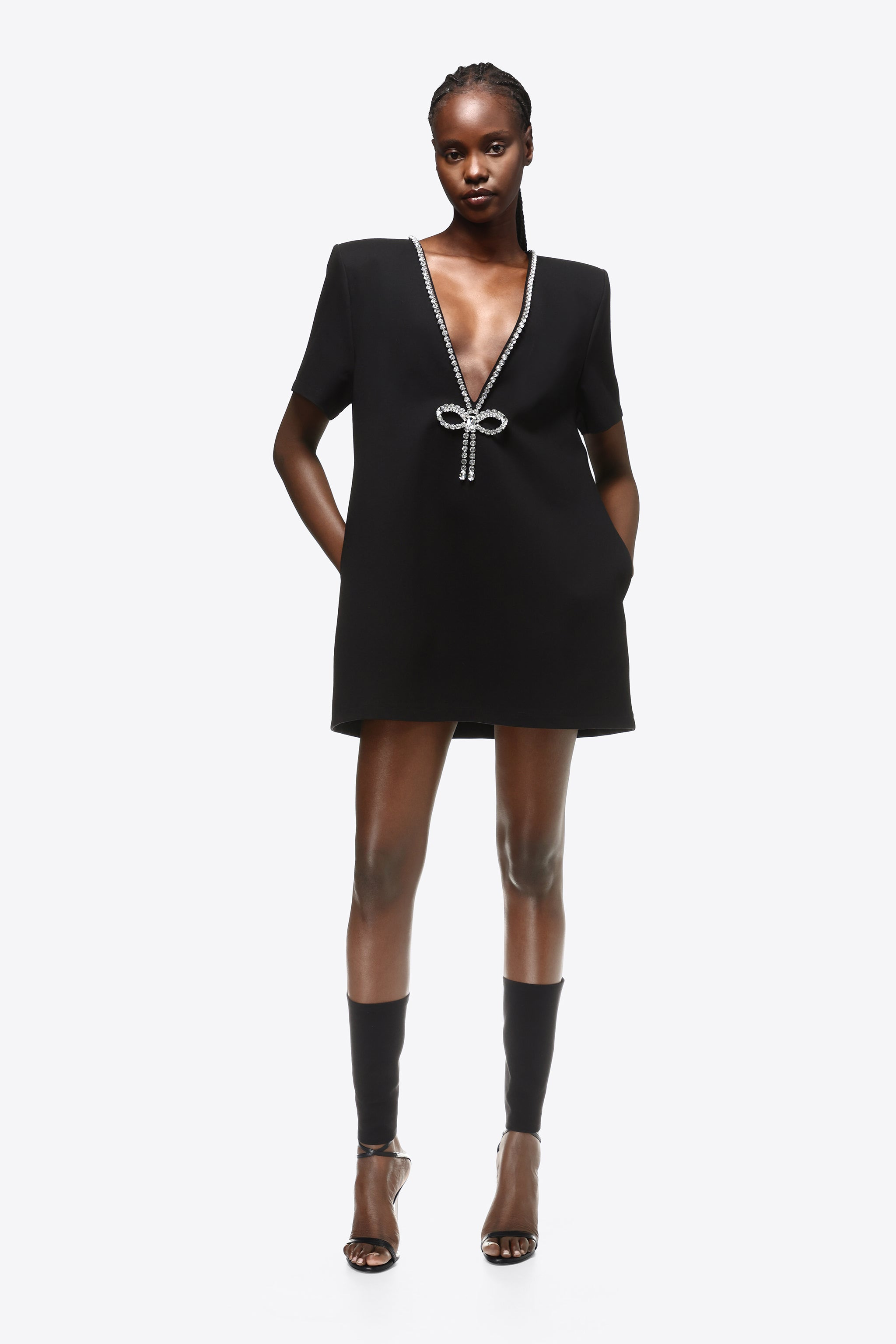 CRYSTAL BOW V-NECK T-SHIRT DRESS - 4