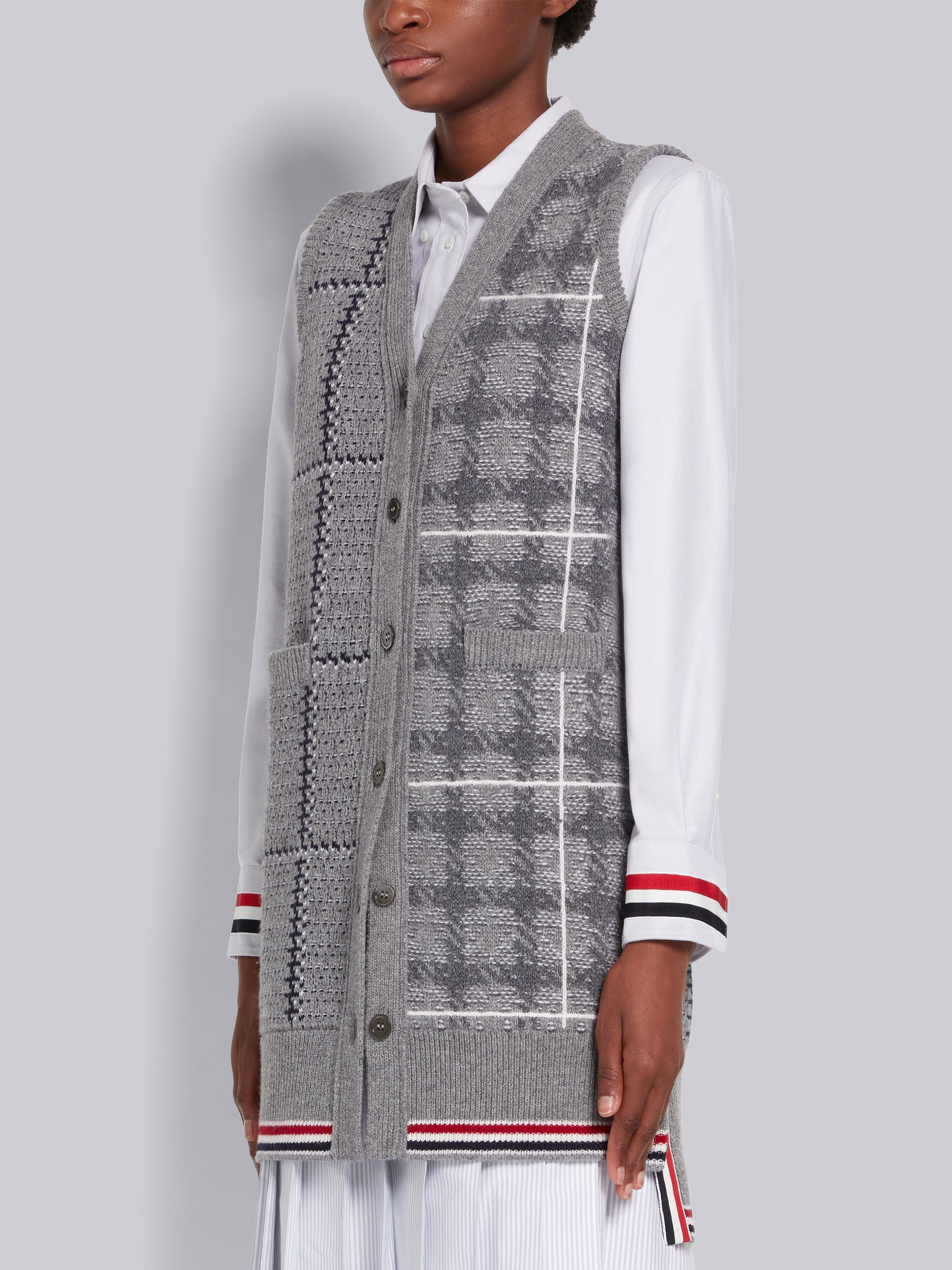Fun-Mix Windowpane and Gunclub Check Fine Merino Wool Jacquard Cardigan Vest Dress - 2