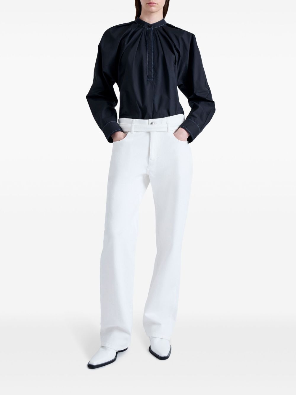pleated mock-neck poplin shirt - 2