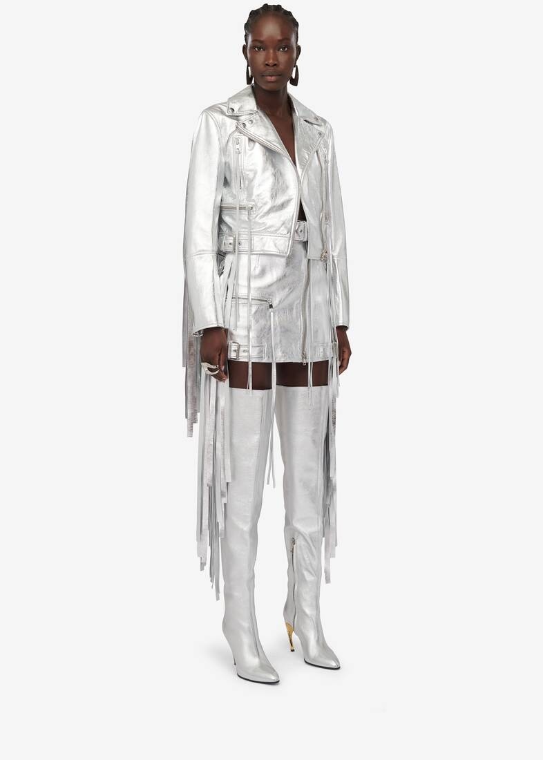 Women's Fringed Biker Jacket in Silver - 3