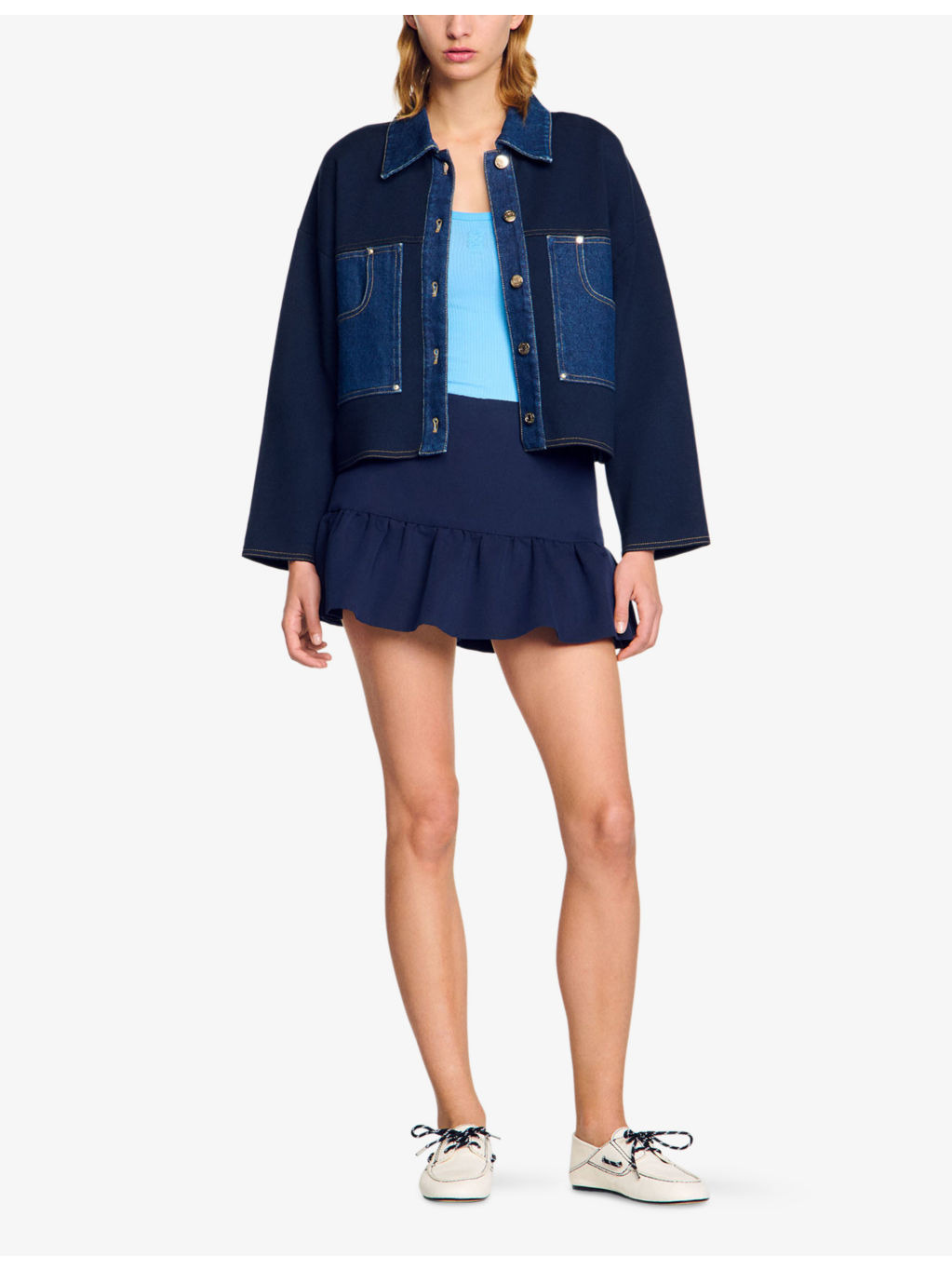 Pointed-Collar Denim-Trim Cardigan - 2