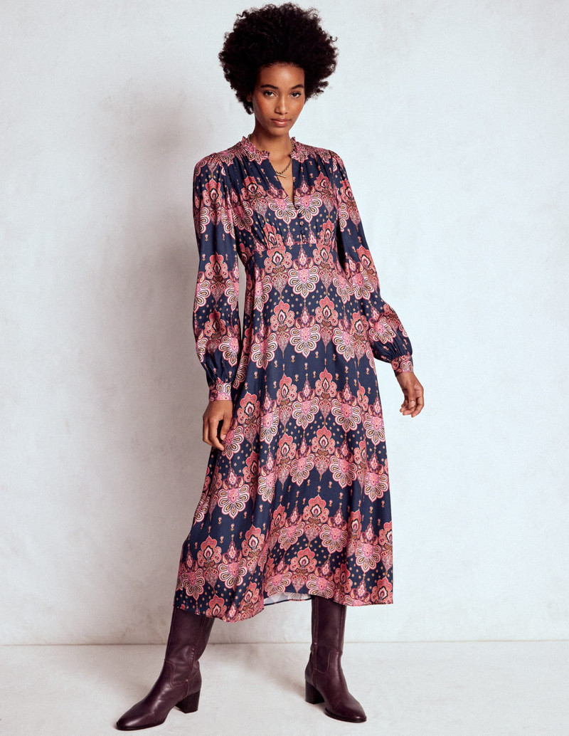 Cassie Smocked Tea Dress-Navy, Embellished Paisley 5