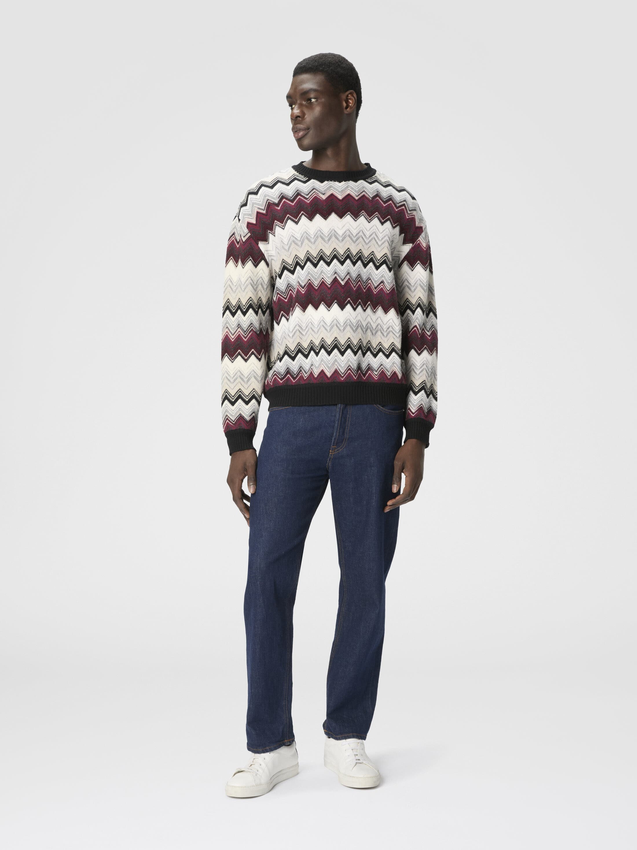 Missoni Crew Neck Sweater With Flame Zigzag Pattern in Beige & Burgundy at Nordstrom - 2