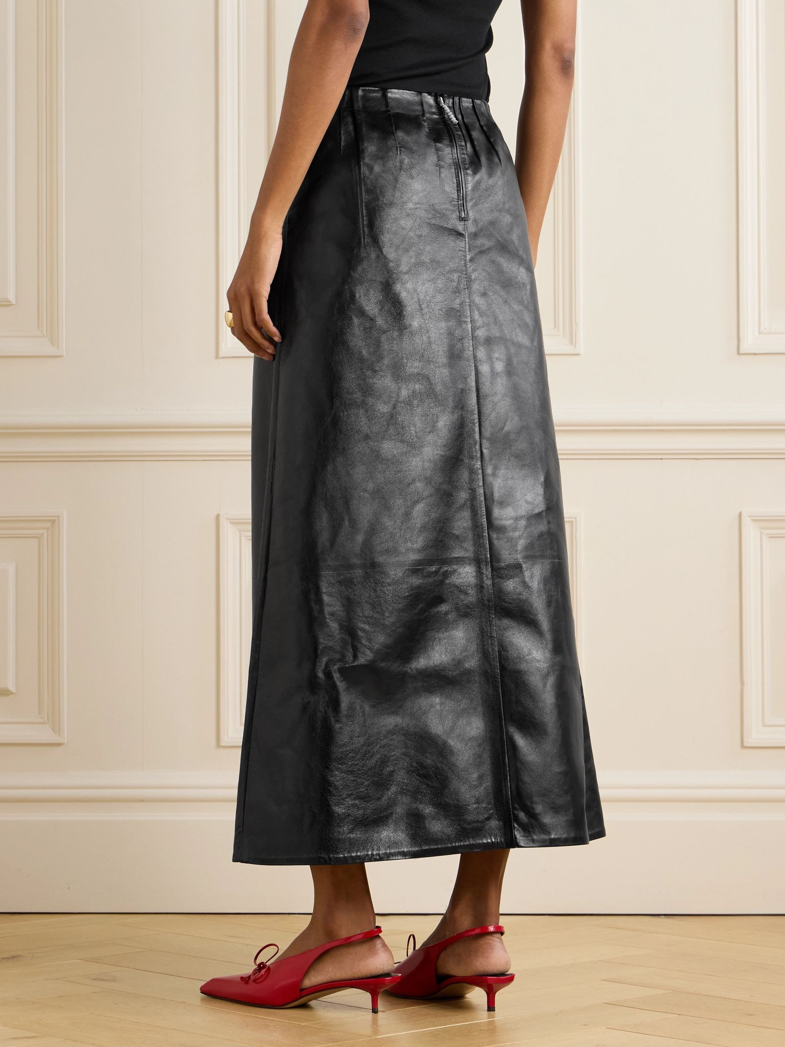 Paneled crinkled-leather midi skirt Black - 4