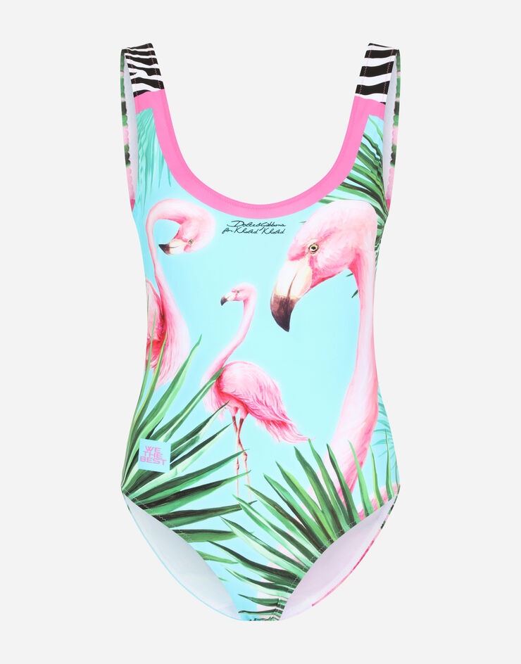 One-piece racing swimsuit with flamingo print - 1