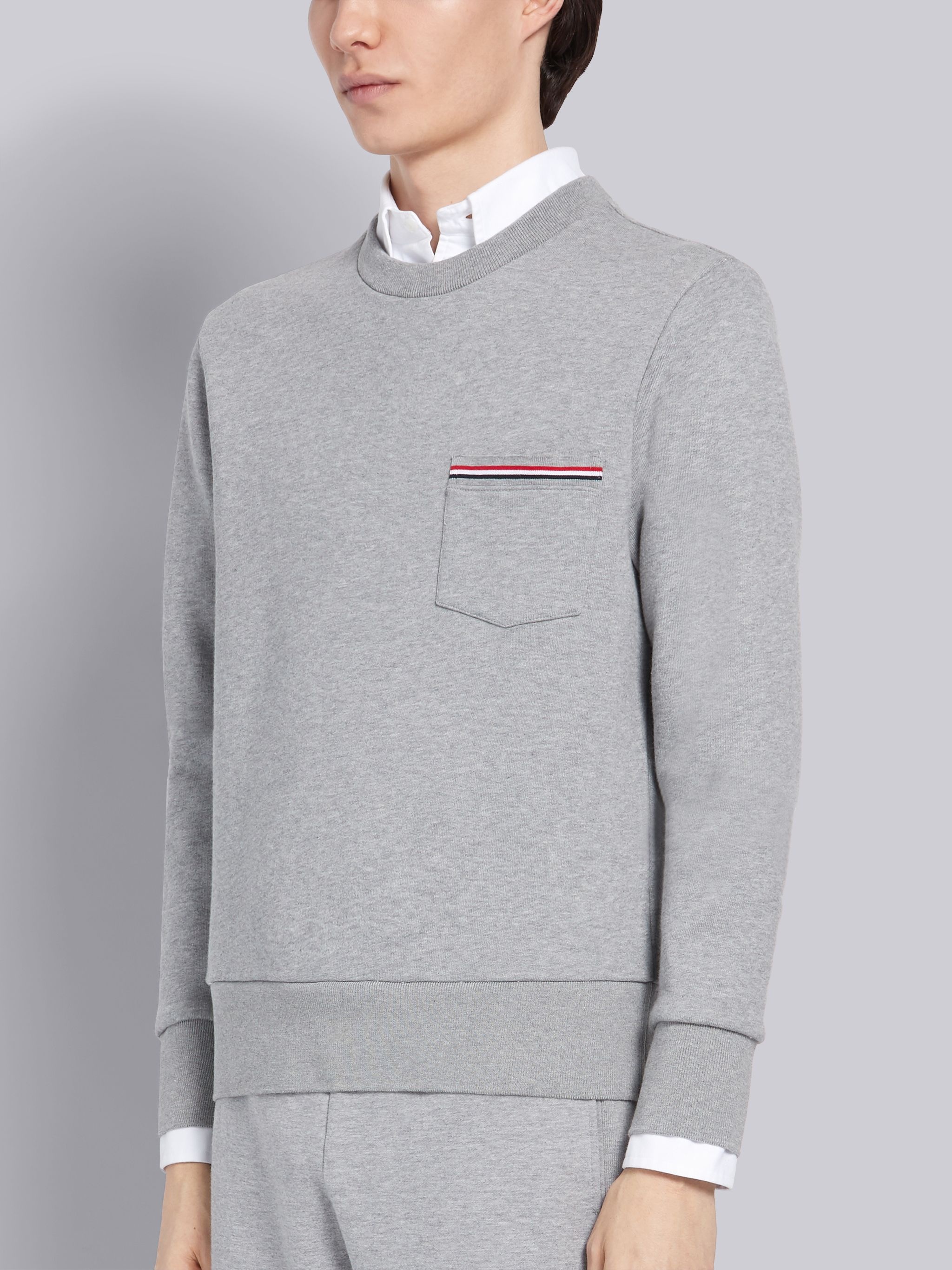 Light Grey Classic Loopback Stripe Pocket Crewneck Sweatshirt - 3