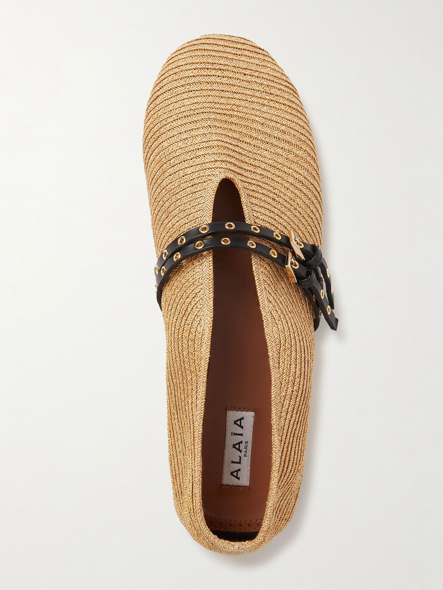 Leather-trimmed raffia ballet flats Beige - 5