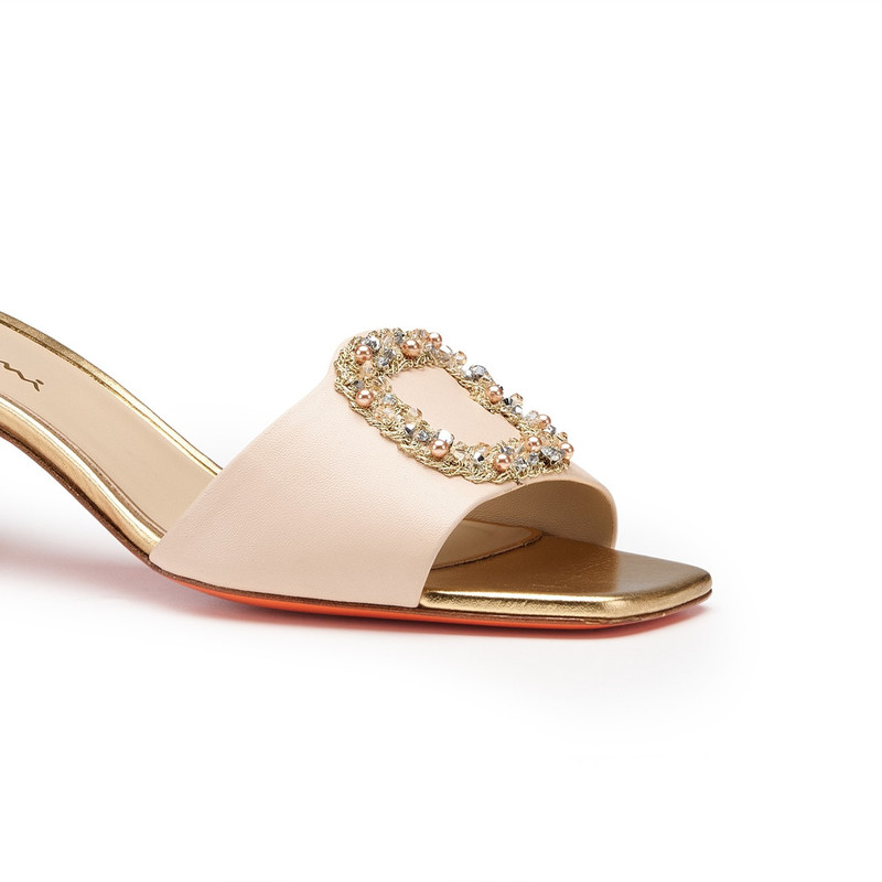 Women's pink and gold leather mid-heel sandal 5