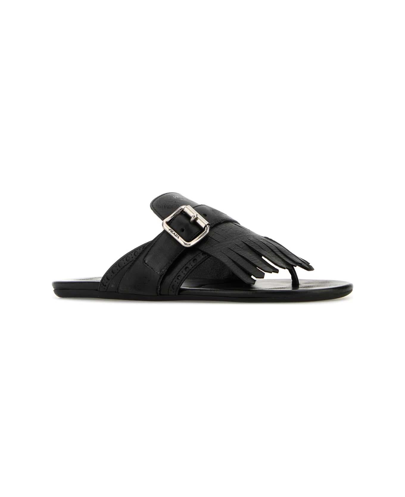 Black Leather Shuffle Thong Slippers - 2