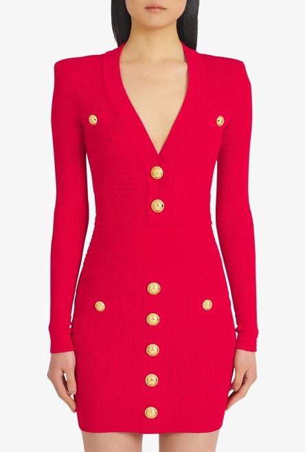 Short red knit dress with gold-tone buttons - 5