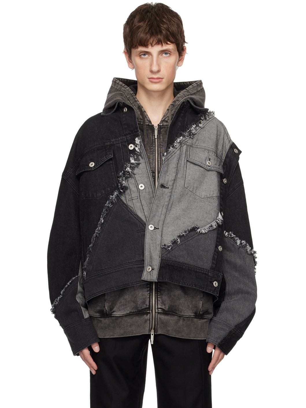 FENG CHEN WANG Black Patchwork Denim Jacket | REVERSIBLE