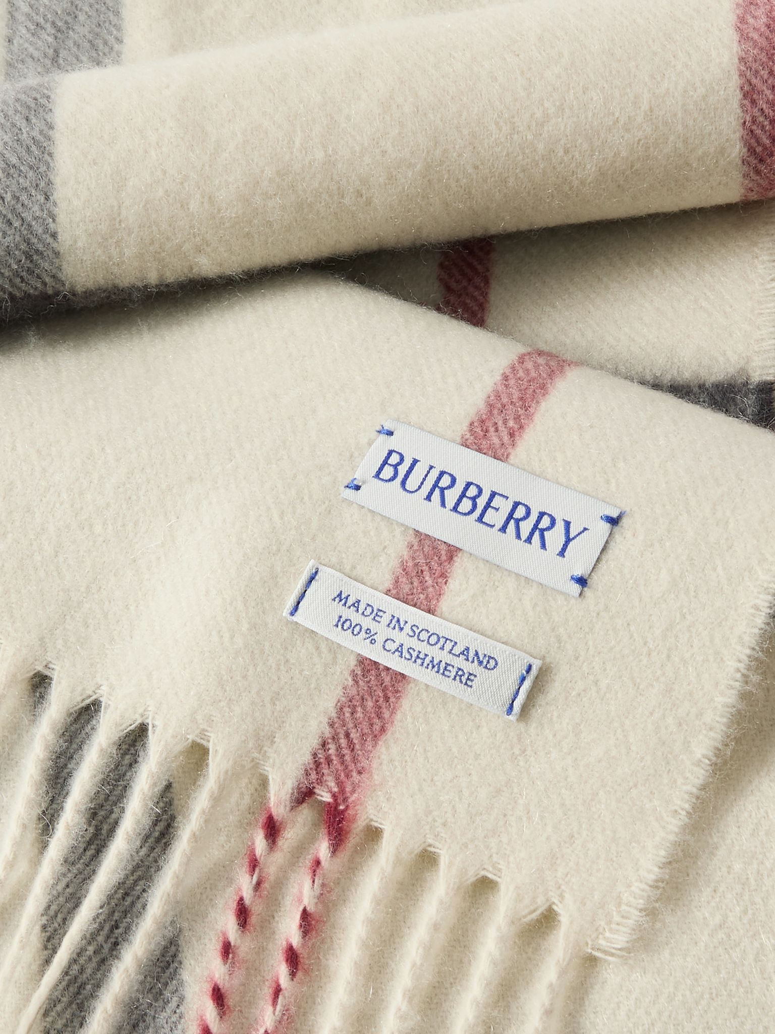 Fringed checked cashmere scarf Beige - 3