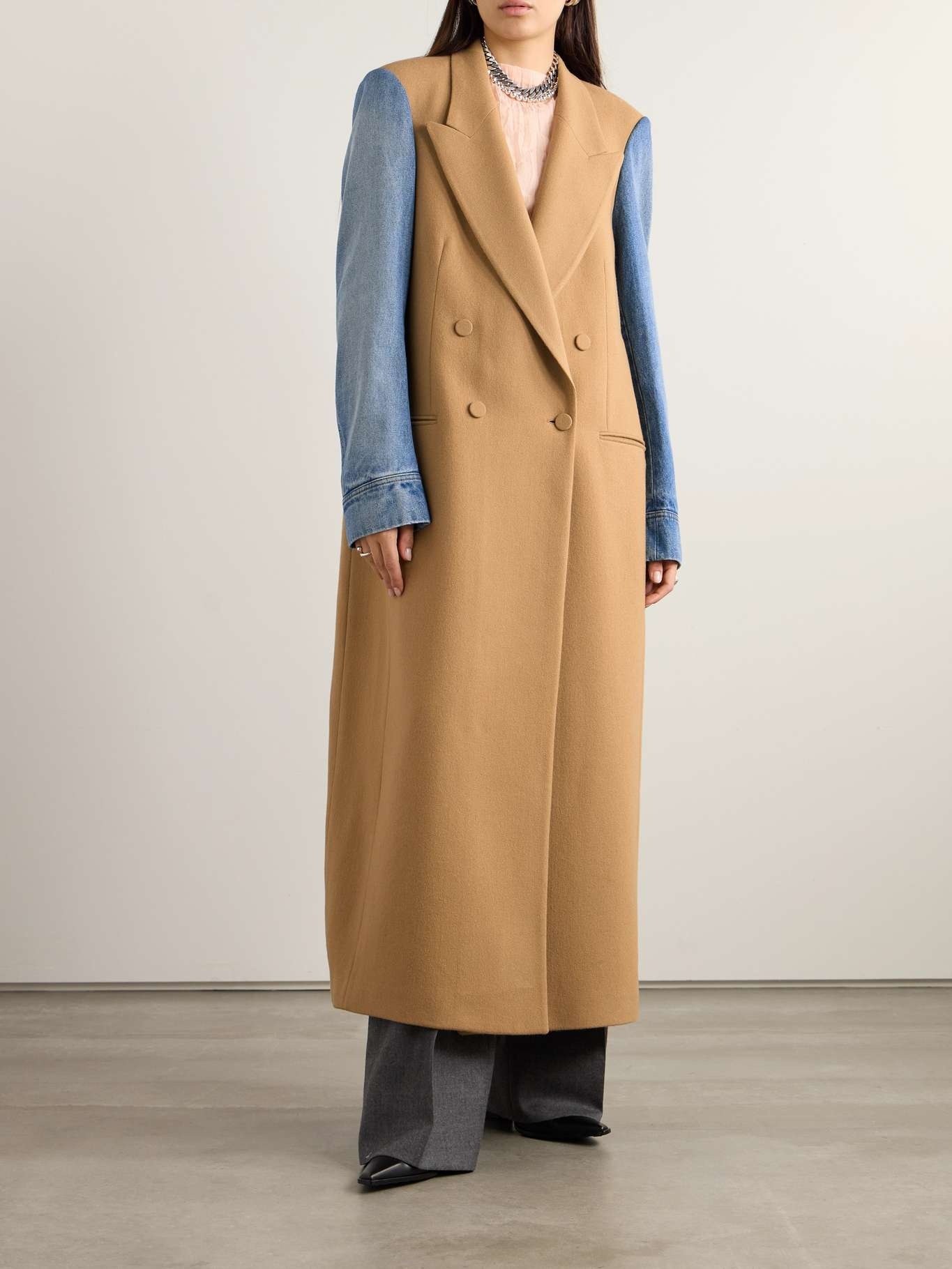 Denim-paneled double-breasted wool-blend twill coat - 3