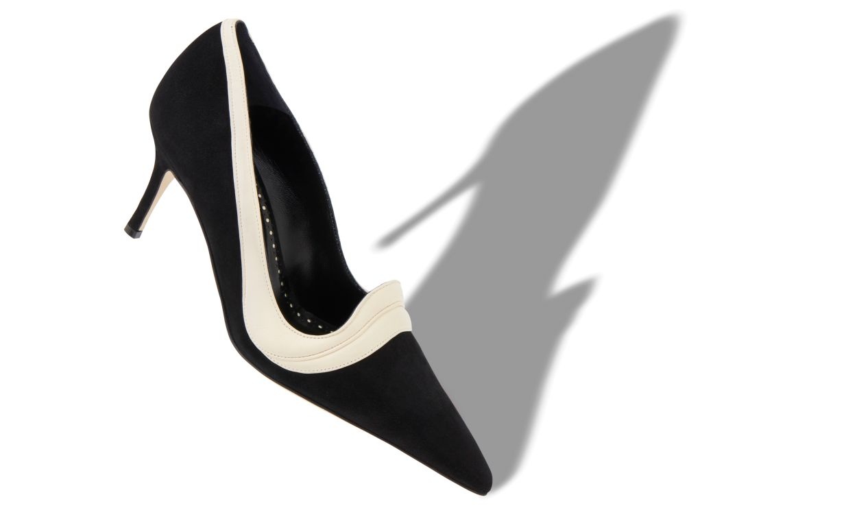 Black and Light Cream Suede Pointed Toe Pumps - 2
