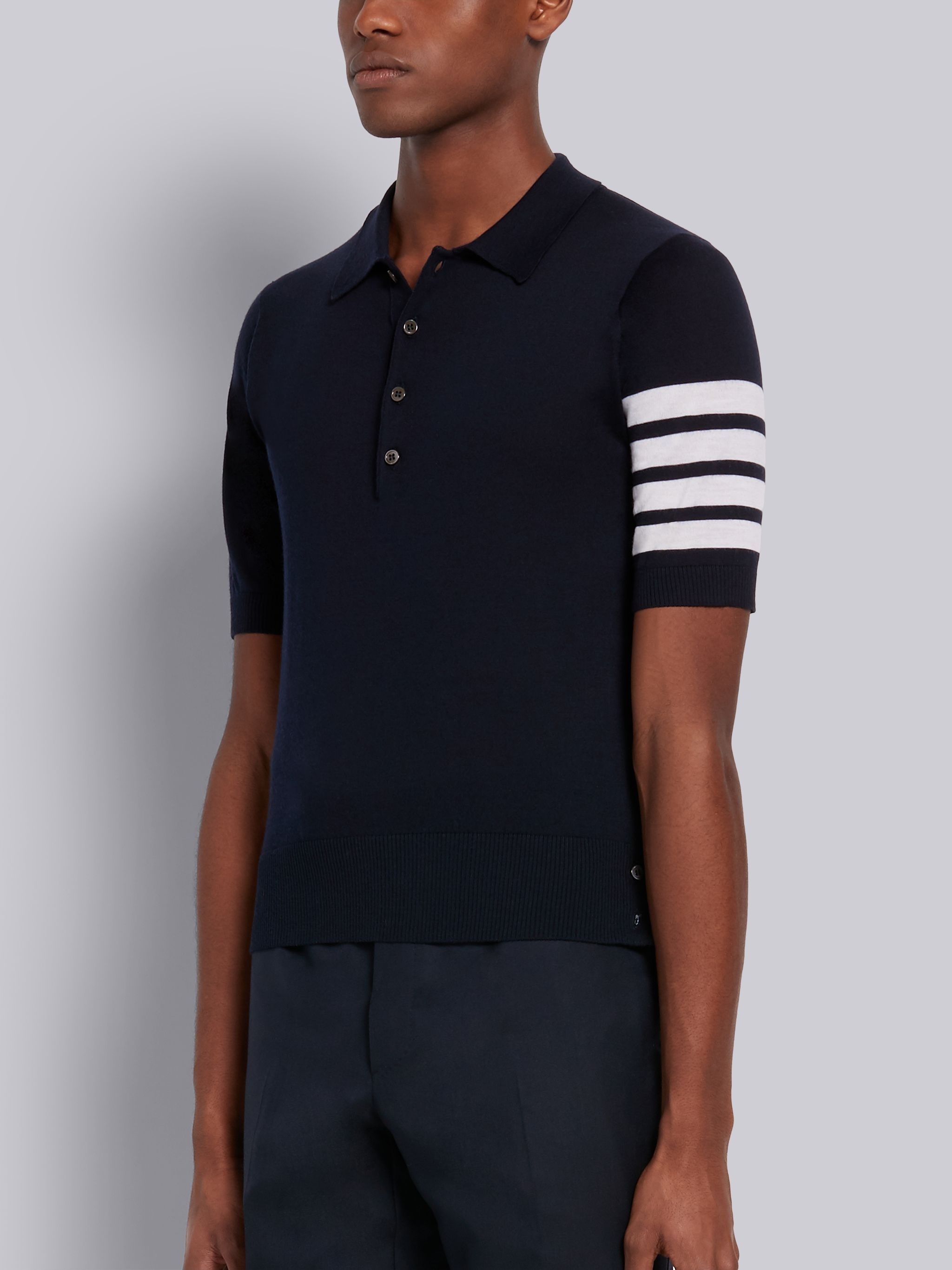 Navy Fine Merino Wool Short Sleeve 4-Bar Polo - 2