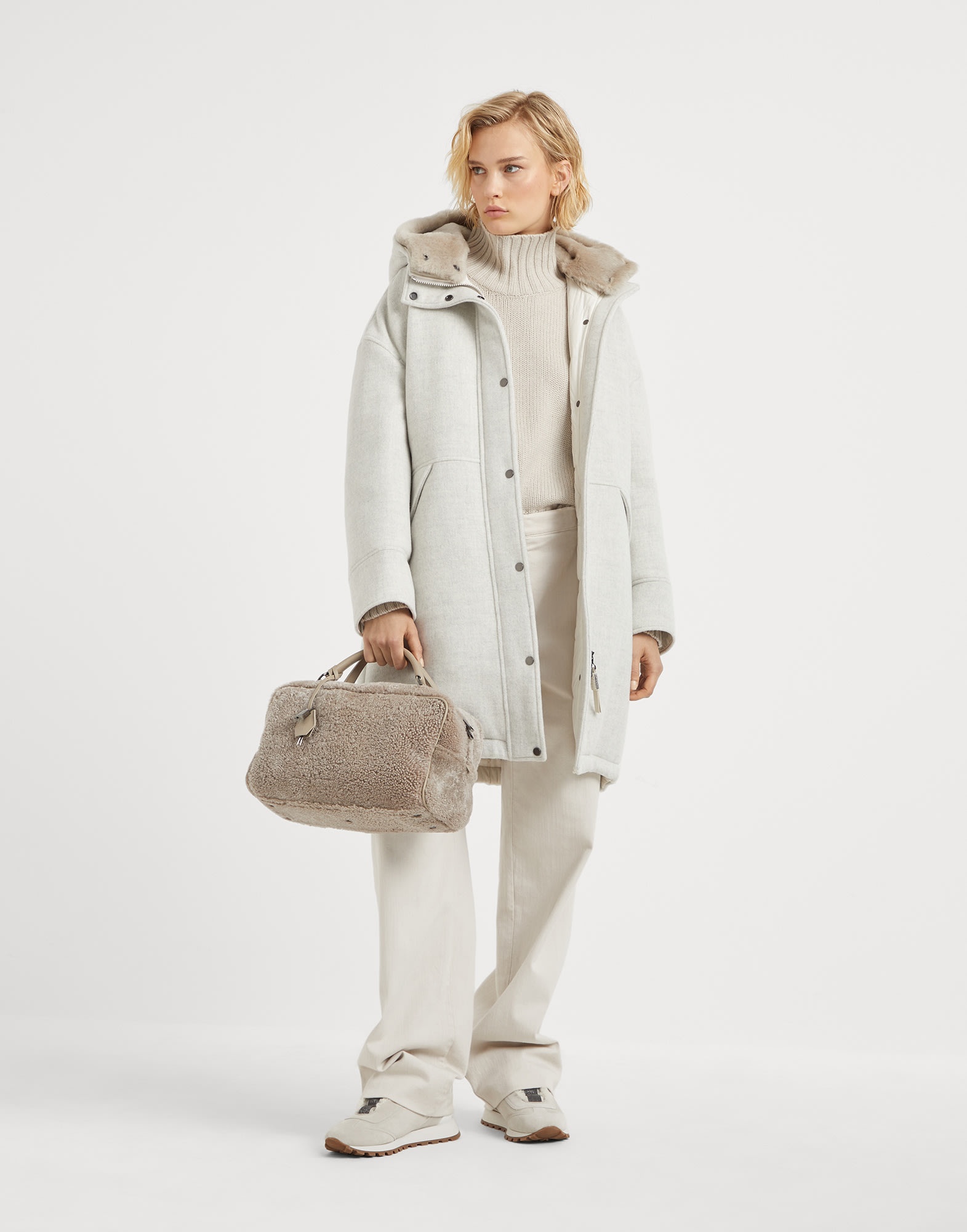 Virgin wool and cashmere double cloth down parka with detachable shearling insert and shiny zipper p - 5