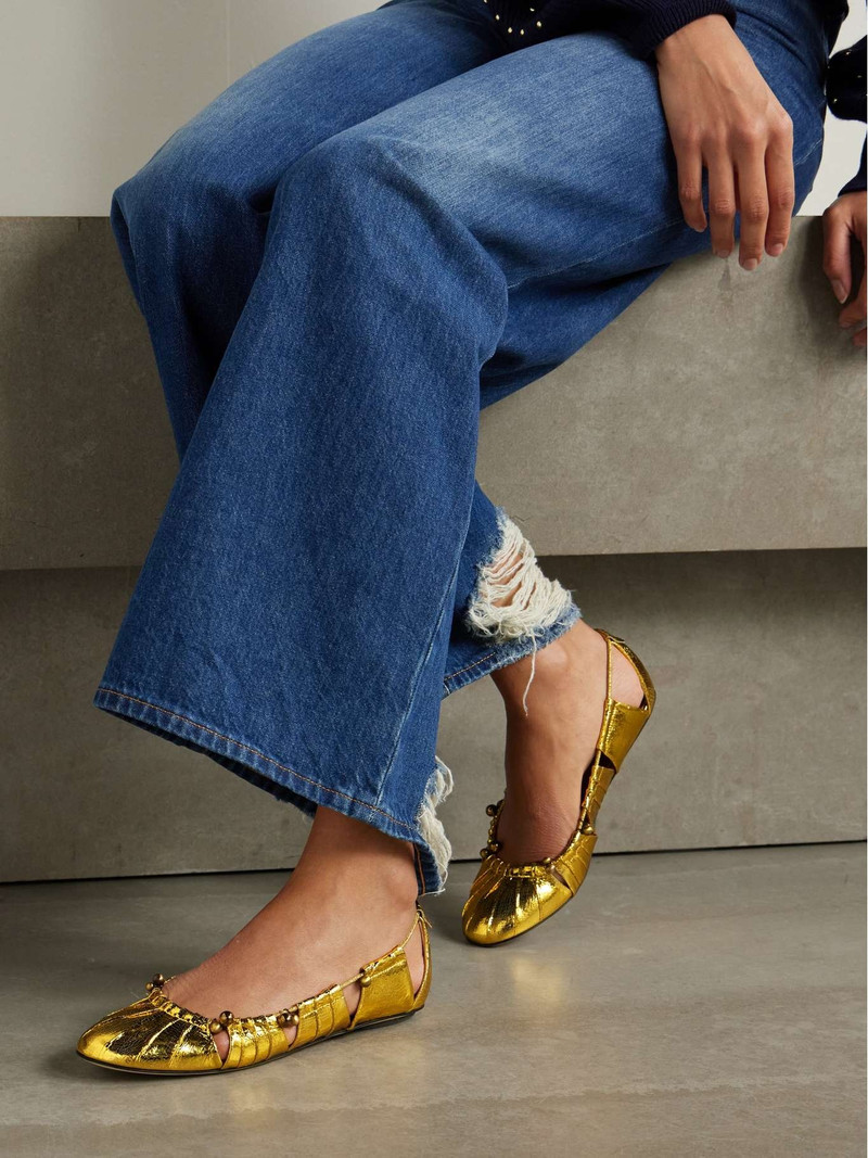 Chloé Luna cutout embellished gathered metallic leather ballet flats Gold outlook