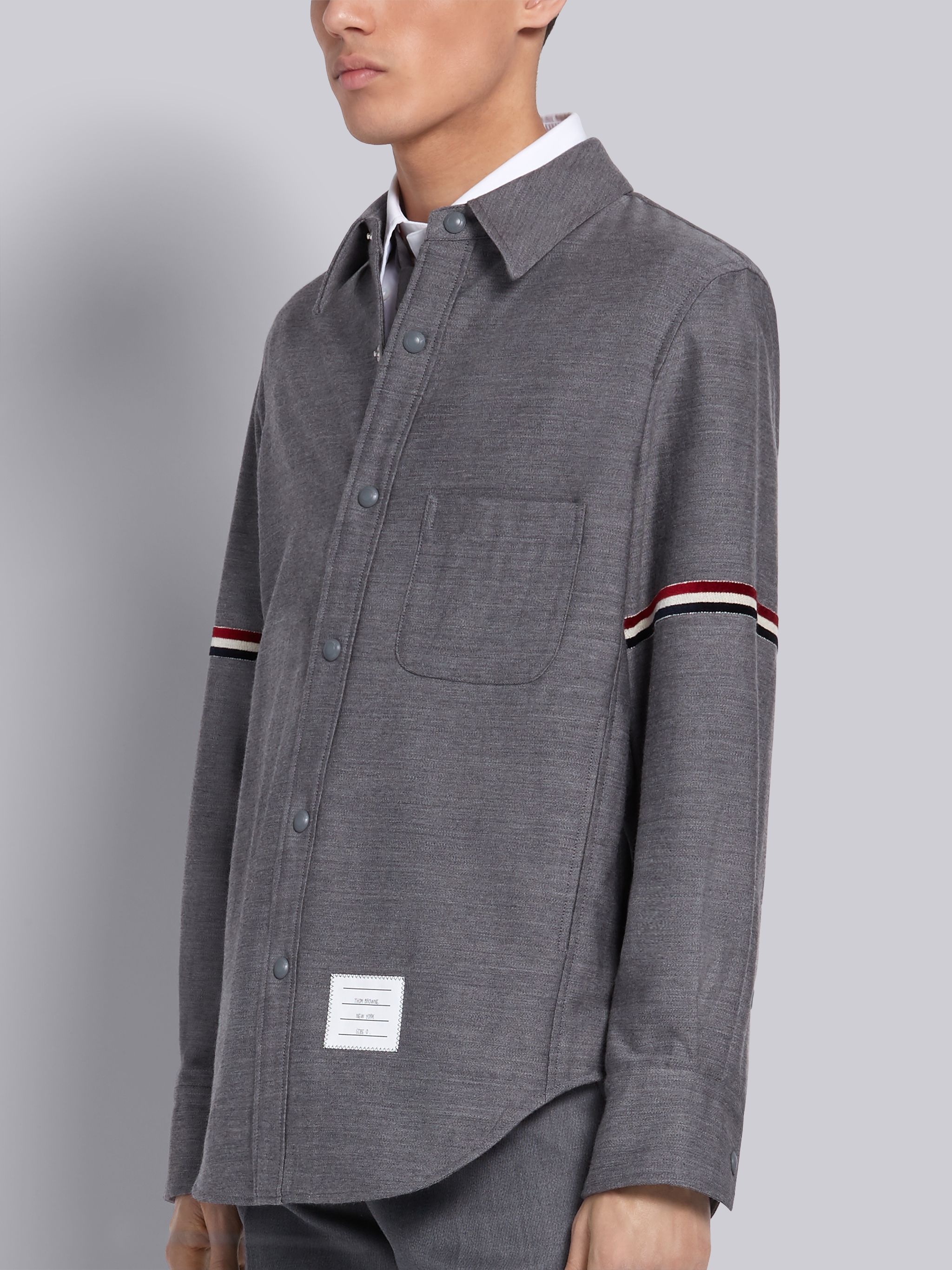 Medium Grey Wool Cotton Suiting Tricolor Velvet Stripe Shirt Jacket - 3