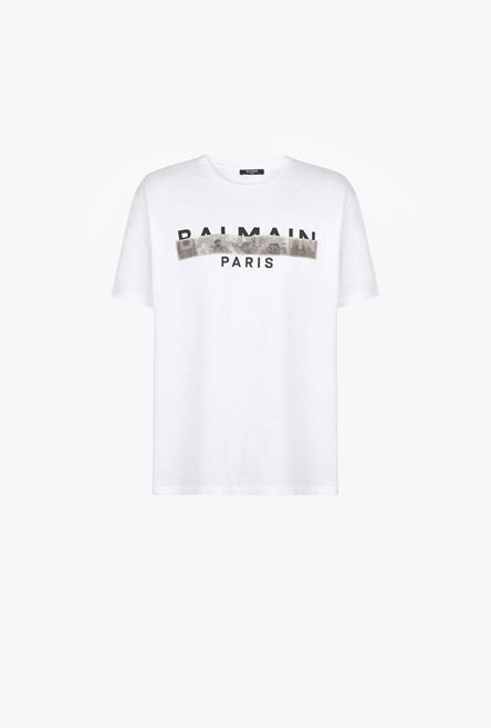 Oversized white eco-designed cotton T-shirt with black and silver Balmain logo print - 1