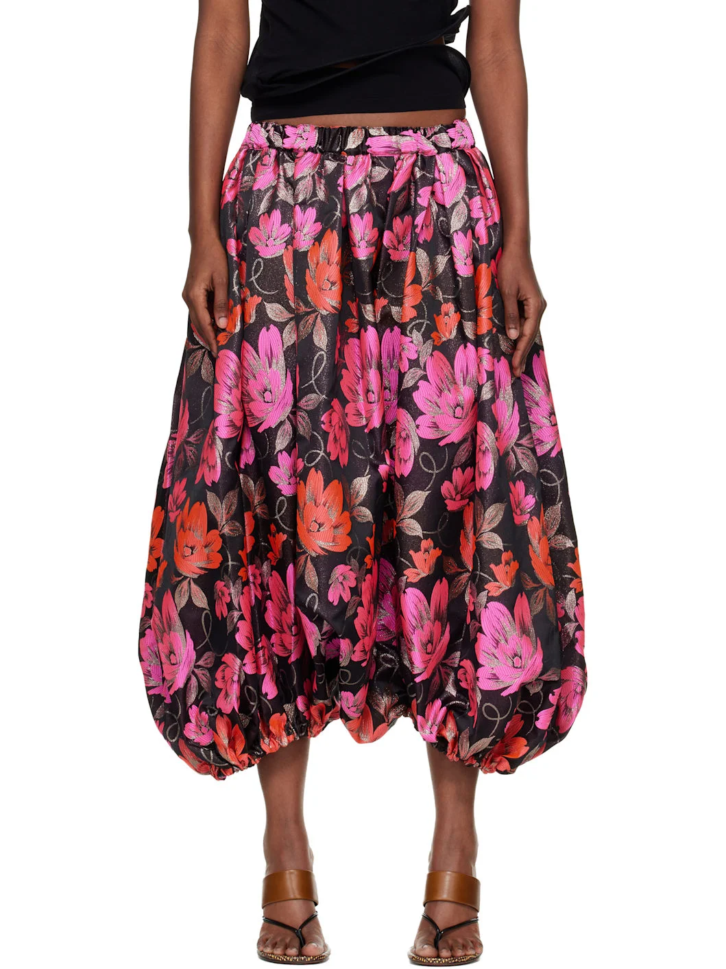 Black & Pink Jacquard Floral Pattern Trousers - 1
