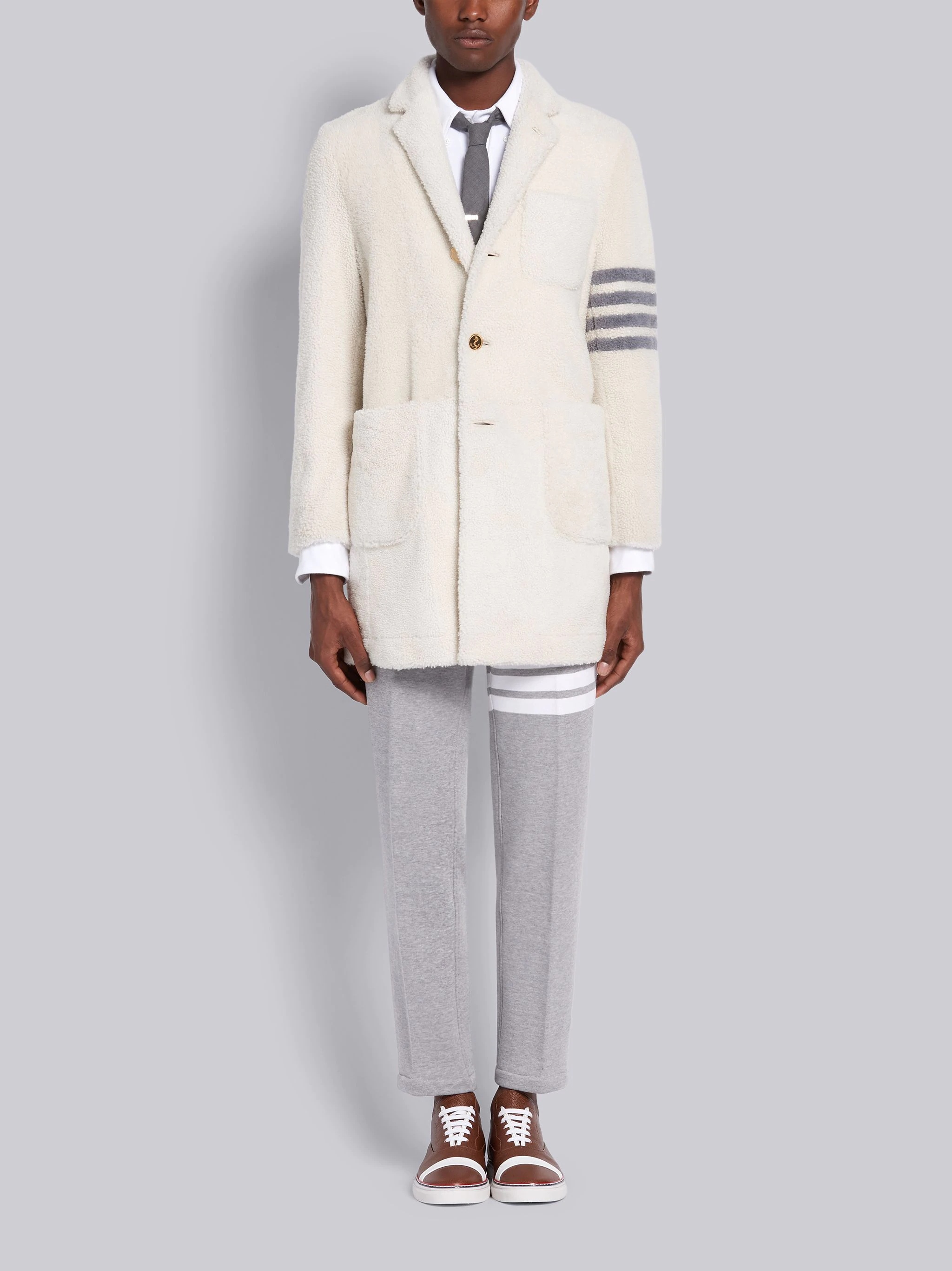 White Dyed Shearling 4-Bar Sack Overcoat - 4