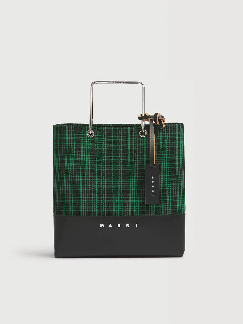 GREEN CHECKED TWILL SHOPPER WITH METAL HANDLES - 1