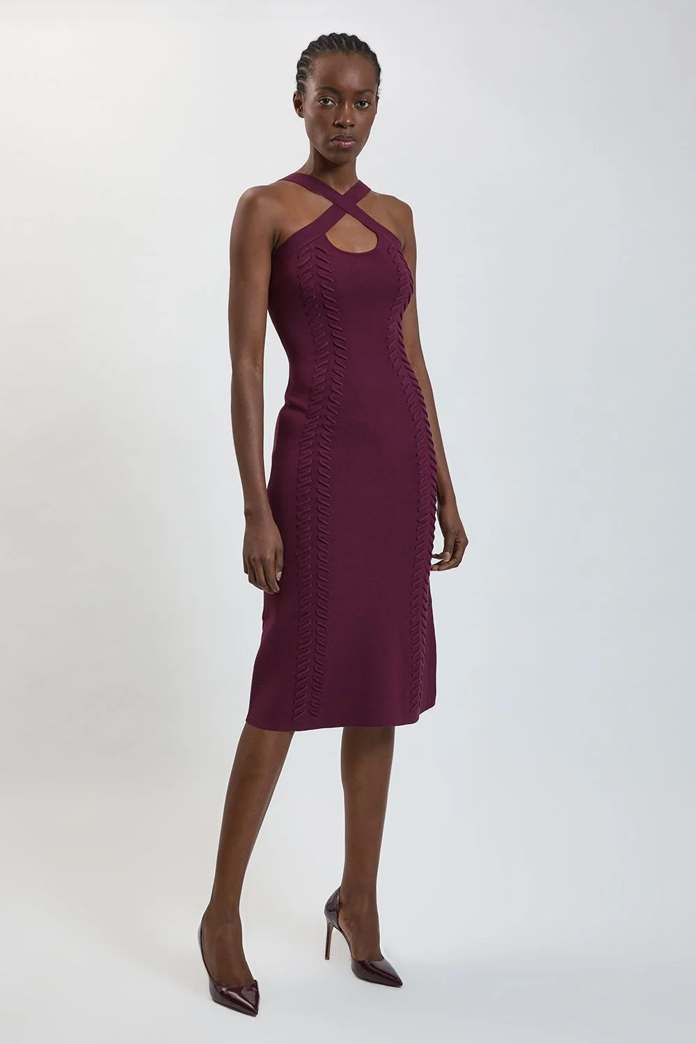 Lace Up Detail Knitted Halter Cross Front Maxi Dress - 1
