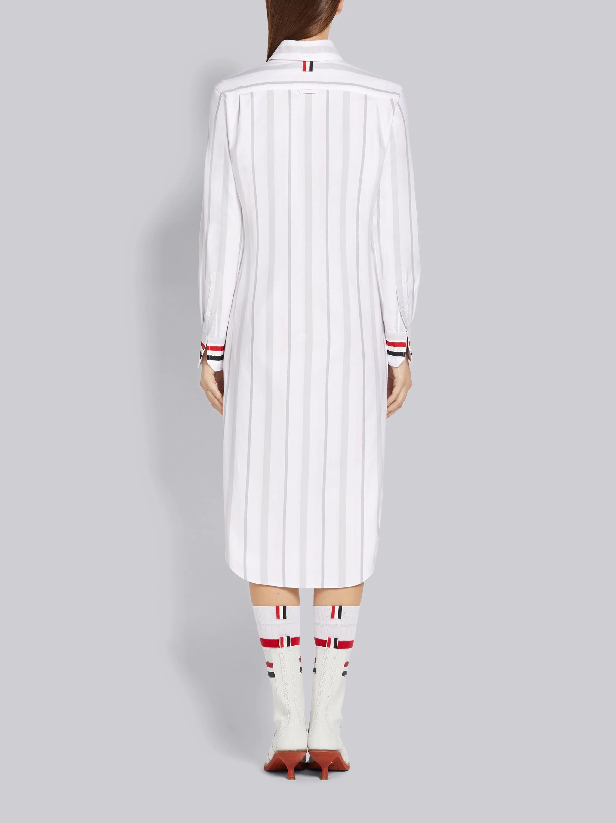 Light Pink Alternating Wide Stripe Cotton Oxford Long-sleeved Button Down Point Collar Shirtdress - 3