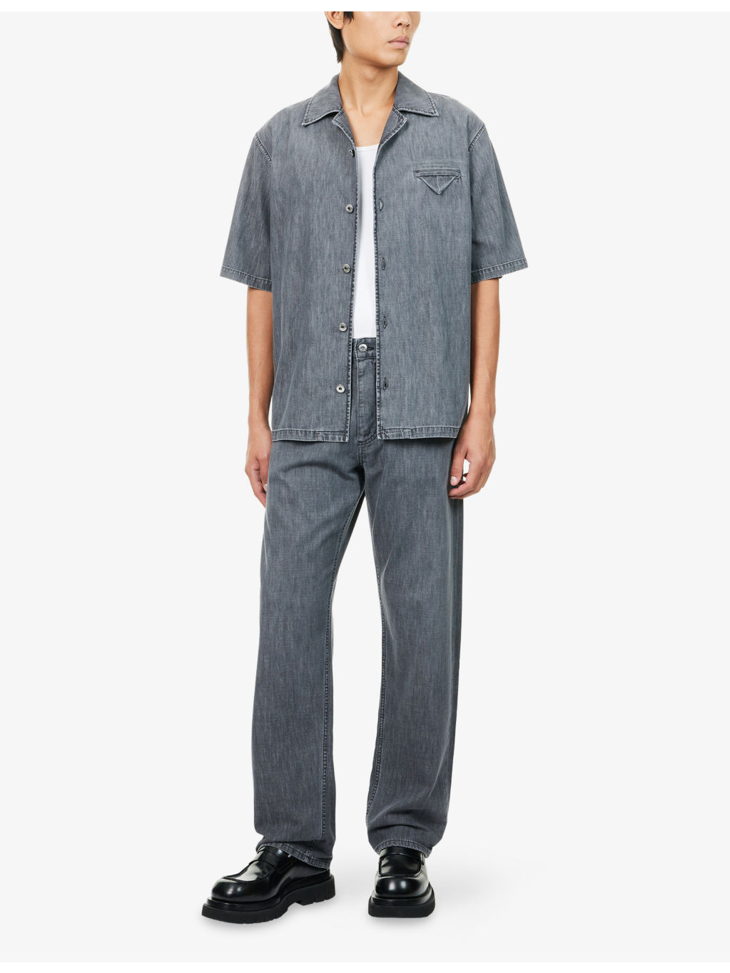 Notched-Collar Short-Sleeves Denim Shirt - 2