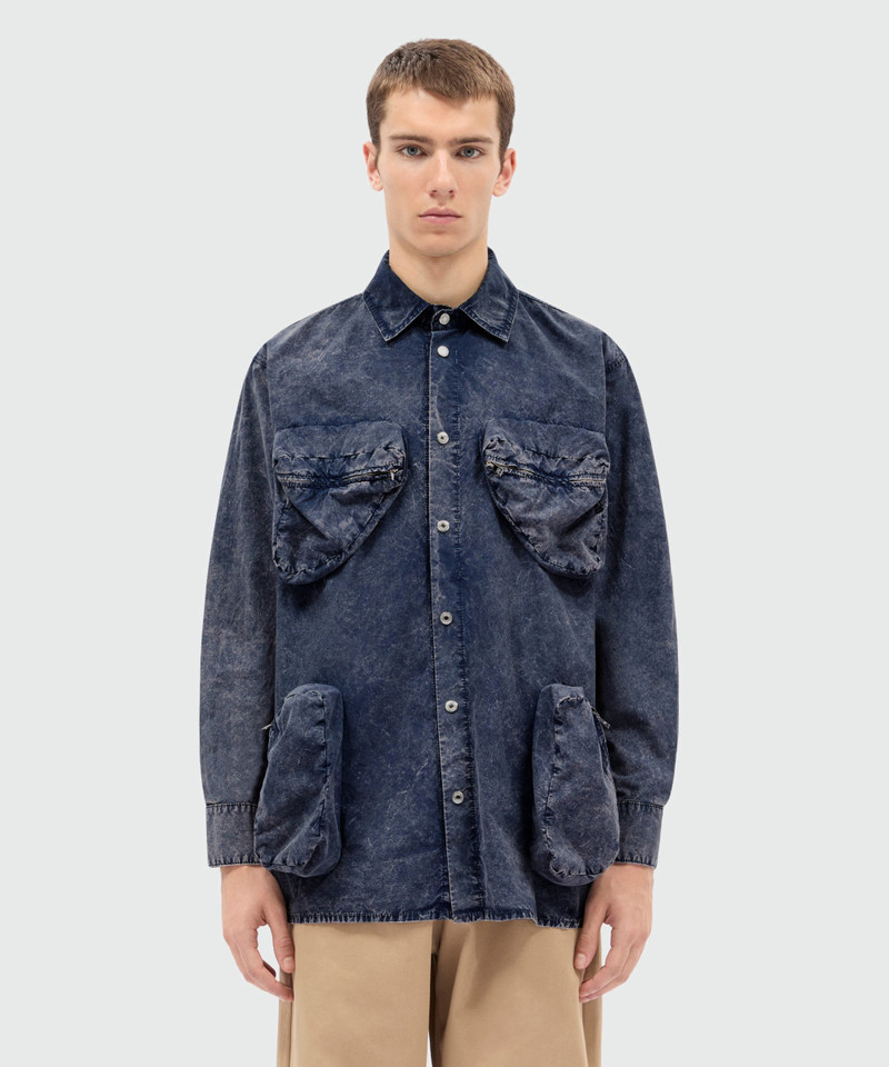 MSGM Navy blue cotton poplin shirt with marbled wash effect and three-dimensional zip chest pockets outlook