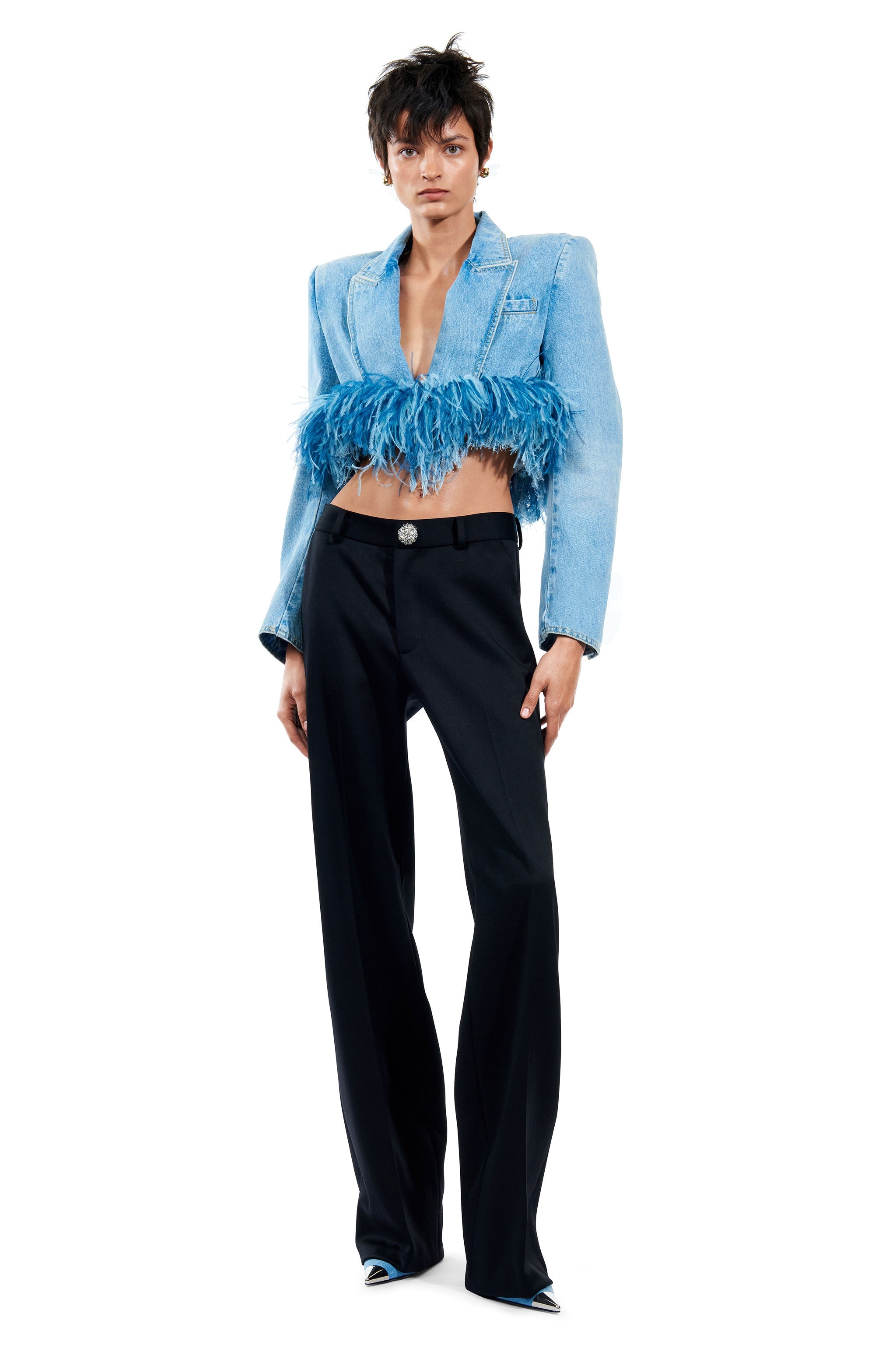 FRAYED DENIM FEATHER TRIM CROPPED BLAZER - 4